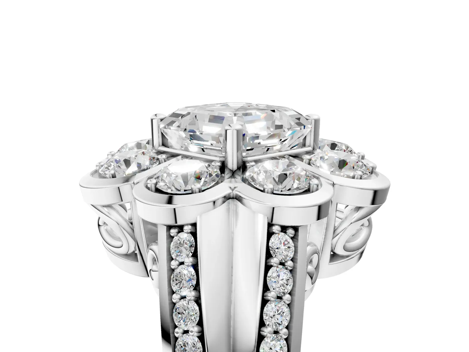 Asscher Cut Brilliant Flower Halo Diamond Split Shank Ring Platinum