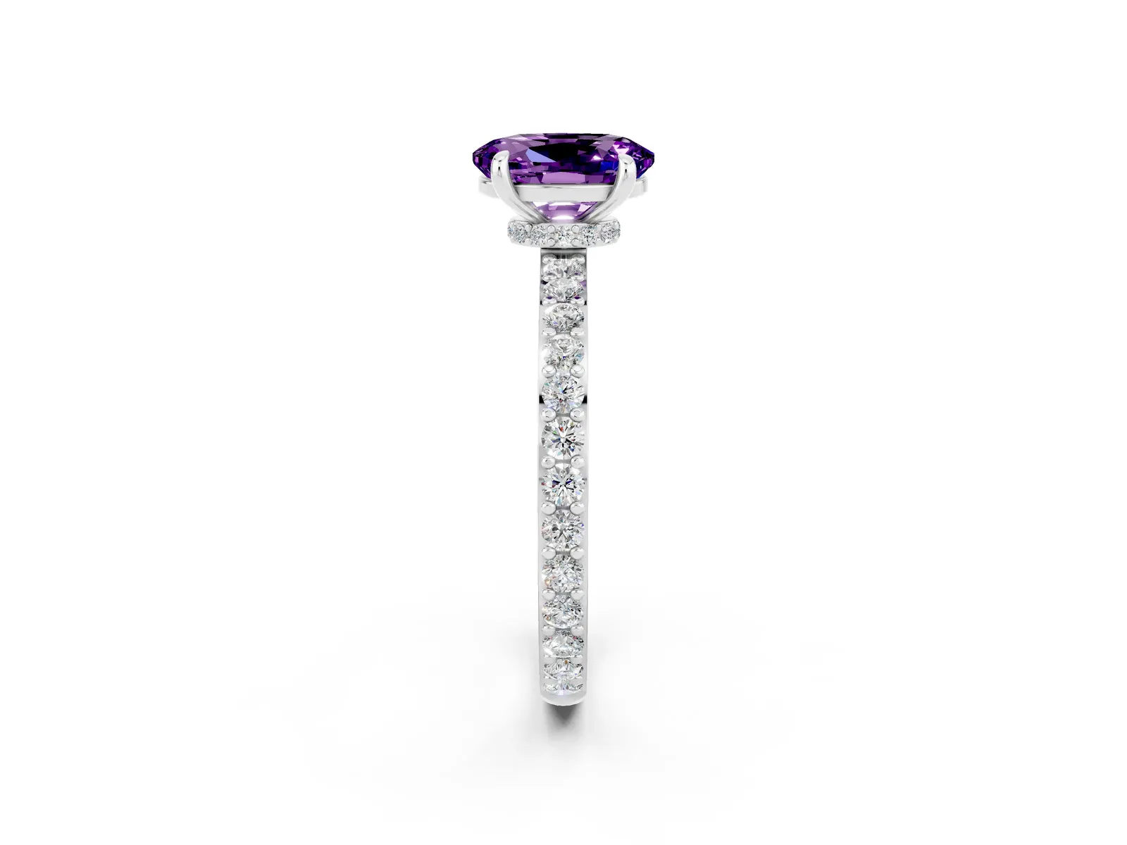 Oval Cut Amethyst Solitaire Engagement Ring with Pavé Band and Four-Prong Setting Platinum