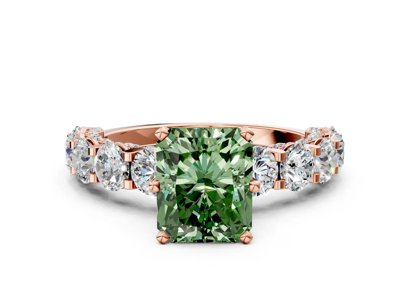 Fancy Green Radiant Cut Diamond Side Stone Engagement Ring with Four-Prong Setting Rose gold