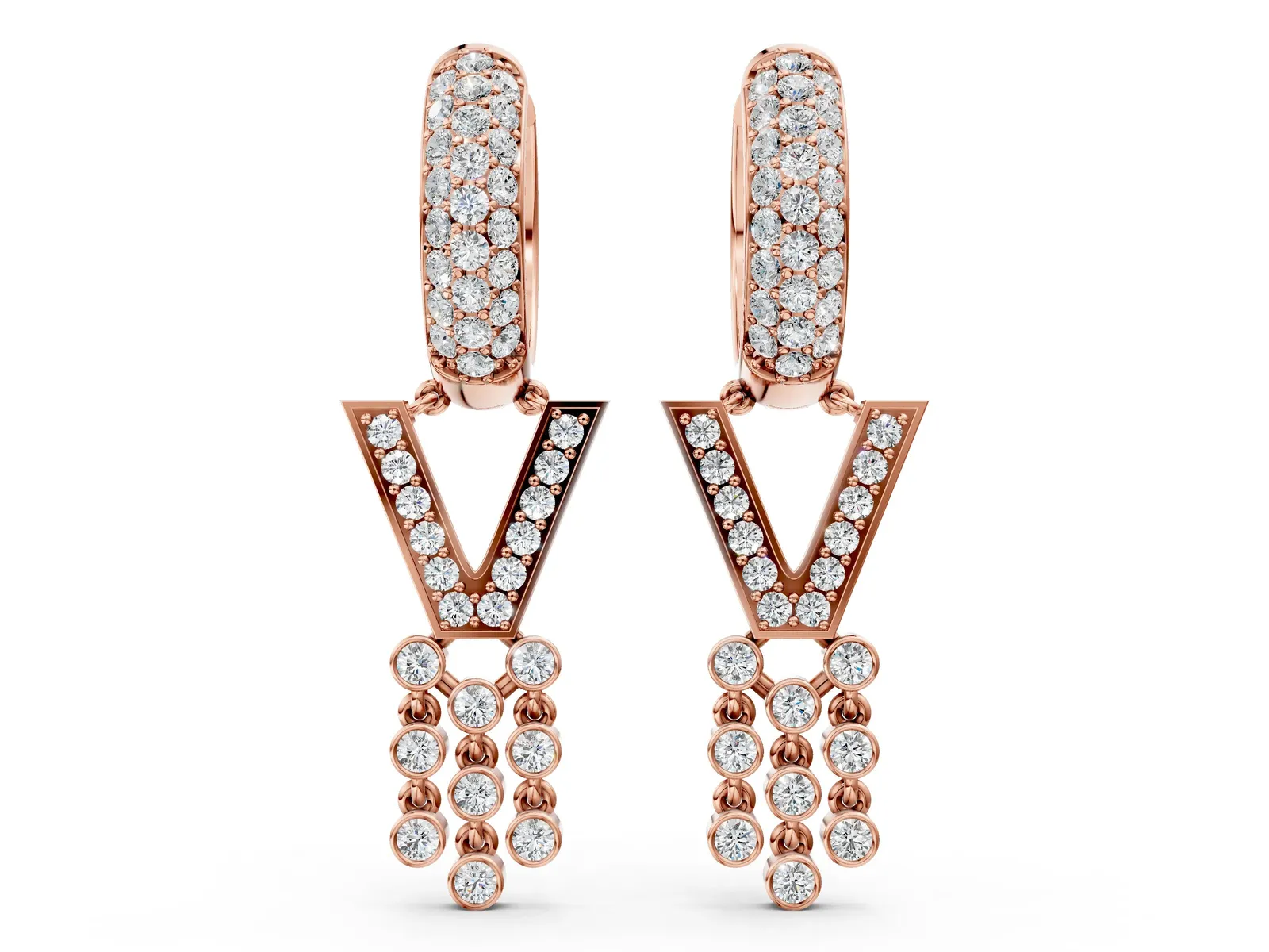 Round Diamond Initial V Huggie Hoop Earrings Rose gold