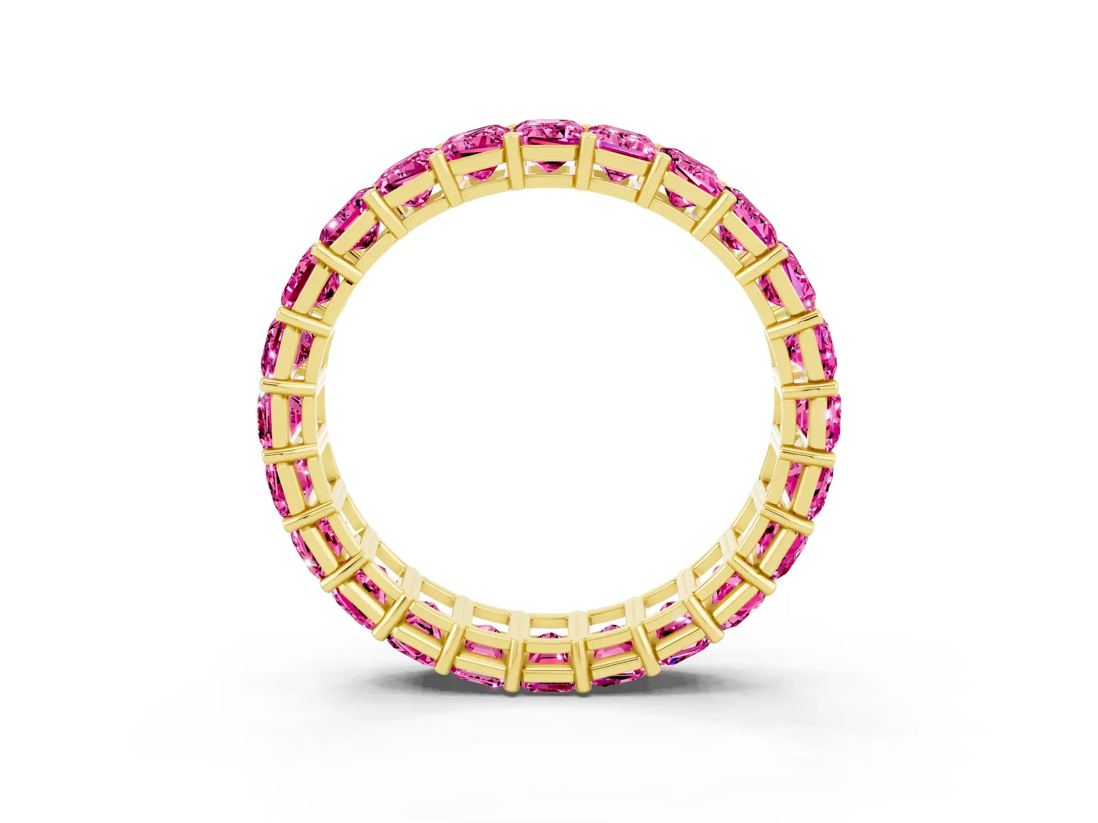 Emerald Cut Pink Sapphire Eternity Band with Shared Prong Setting Yellow gold
