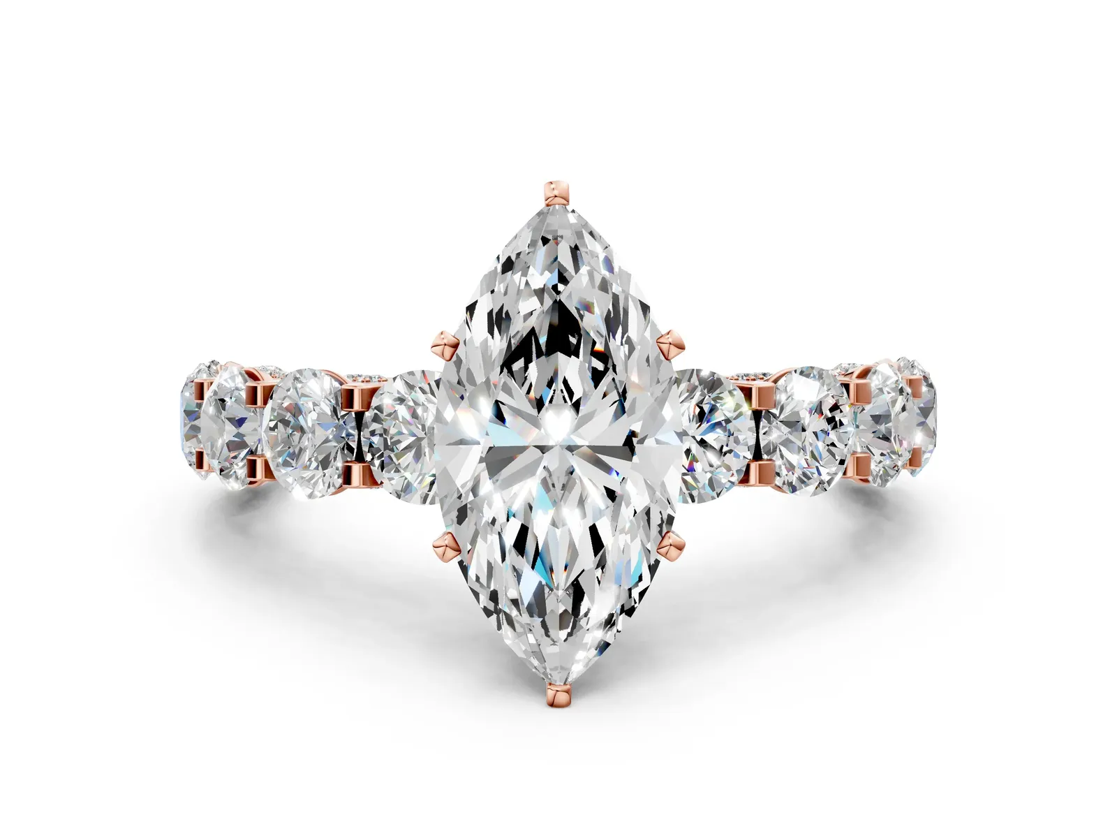 Marquise Cut Diamond Side Stone Engagement Ring with Four-Prong Setting Rose gold