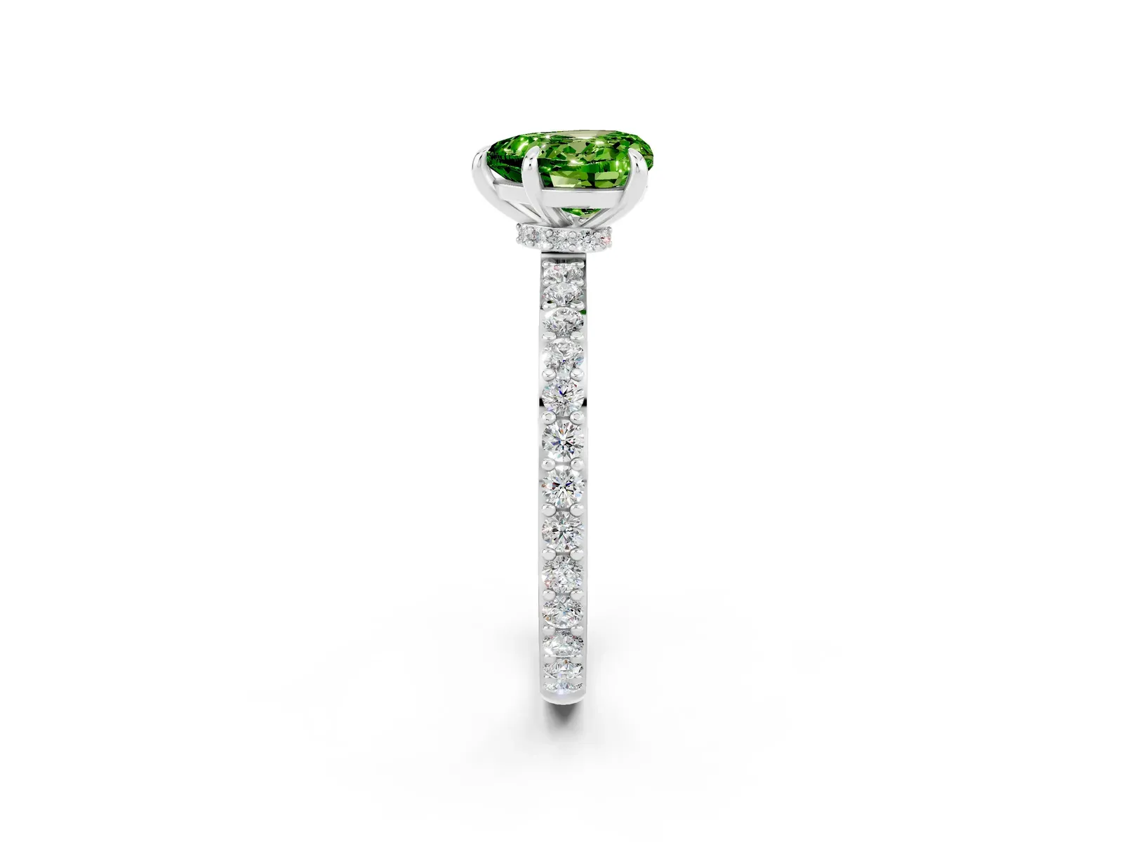 Heart Cut Peridot Solitaire Engagement Ring with Pavé Band and Four-Prong Setting Platinum
