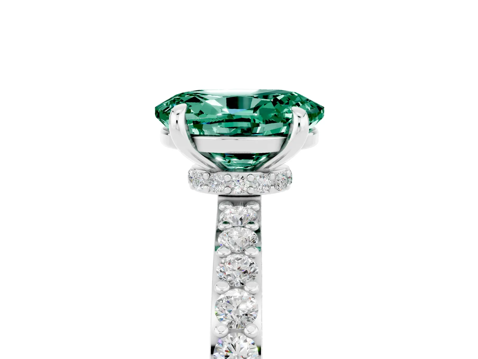 Oval Cut Green Sapphire Solitaire Engagement Ring with Pavé Band and Four-Prong Setting Platinum