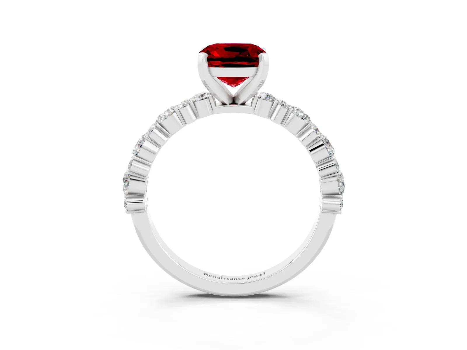 Cushion Cut Ruby Side Stone Solitaire Ring with Round and Four-Prong Setting Platinum