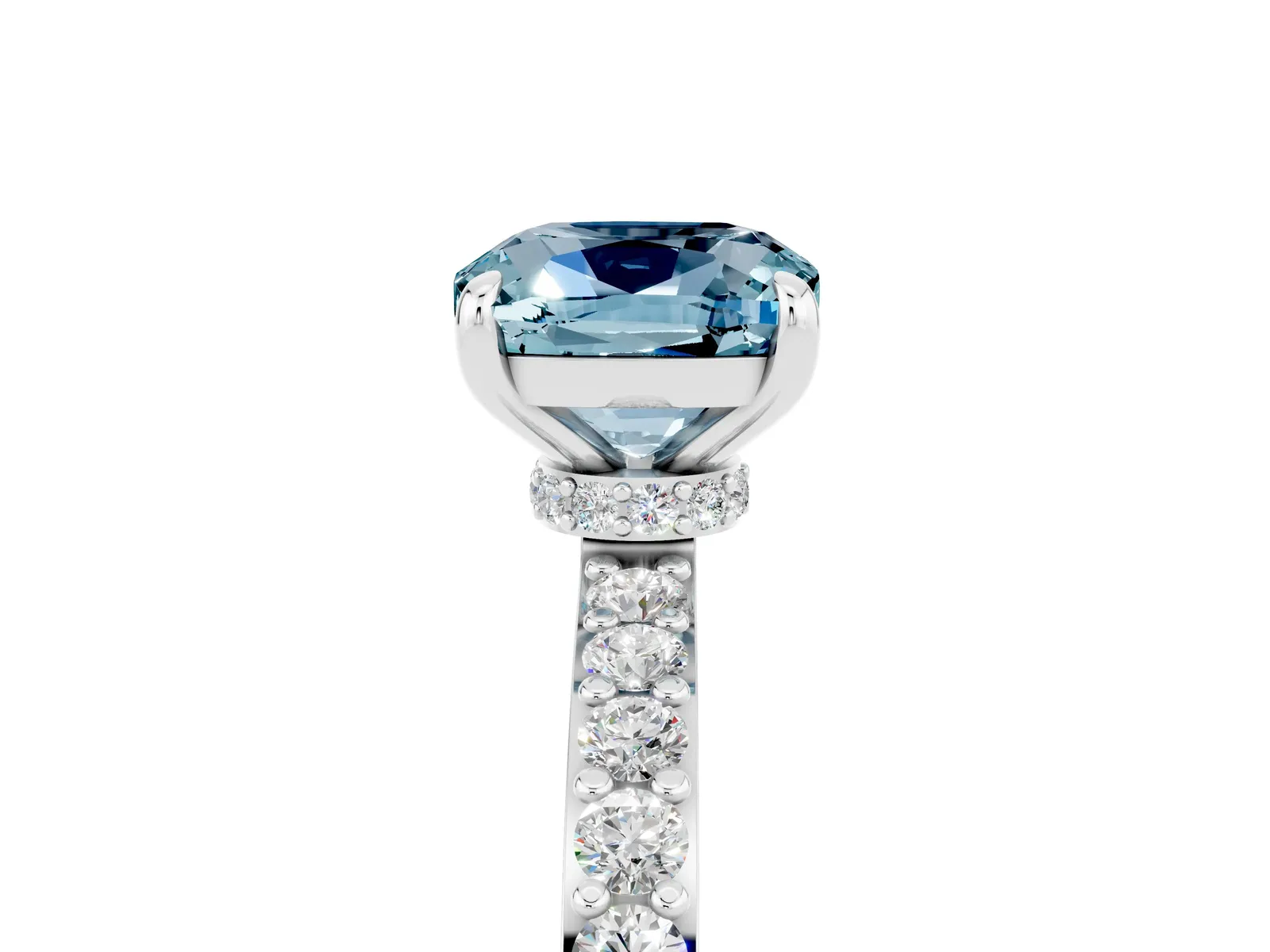 Cushion Cut Aquamarine Solitaire Engagement Ring with Pavé Band and Four-Prong Setting Platinum