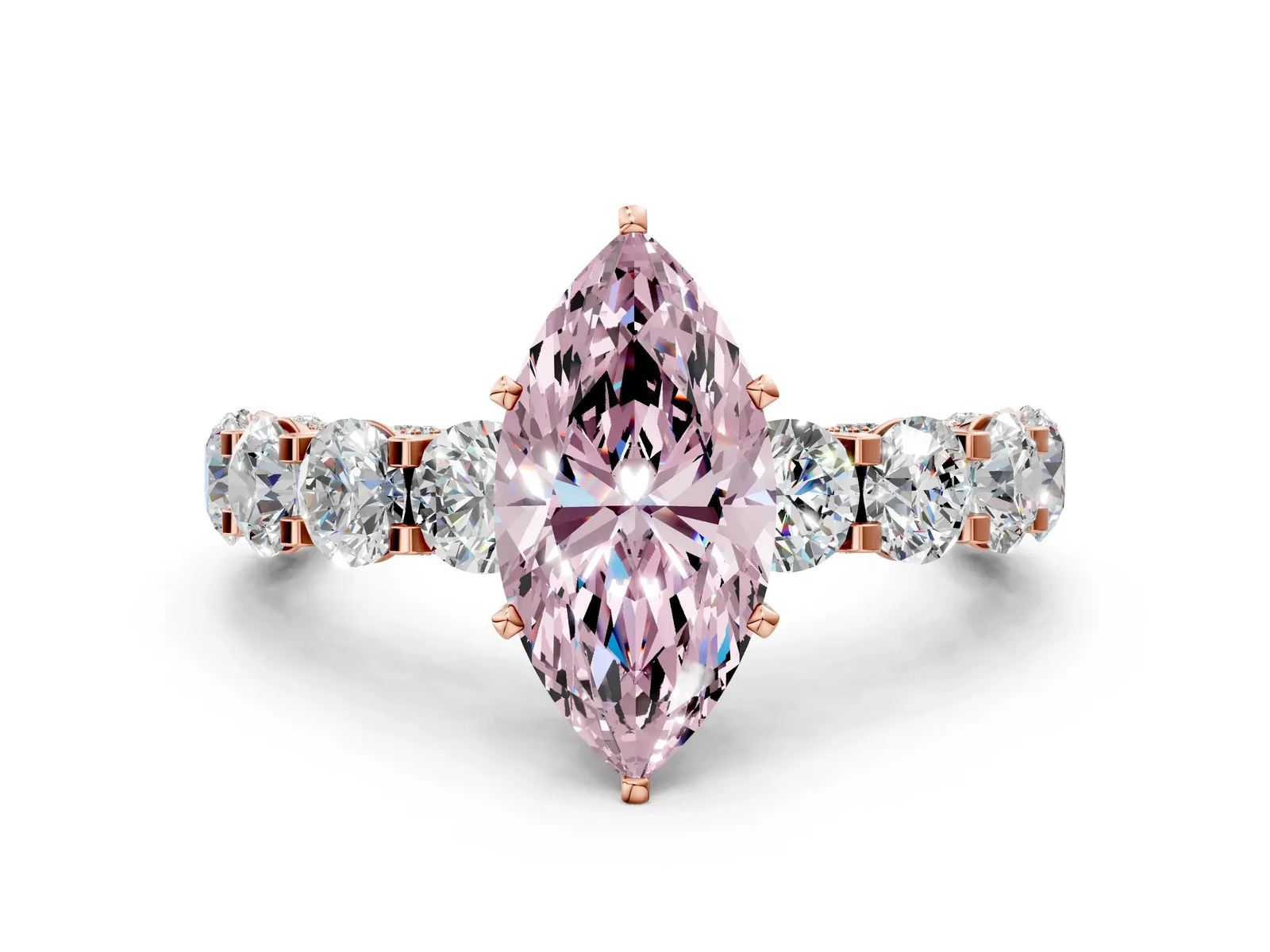 Fancy Pink Marquise Cut Diamond Side Stone Engagement Ring with Four-Prong Setting Rose gold