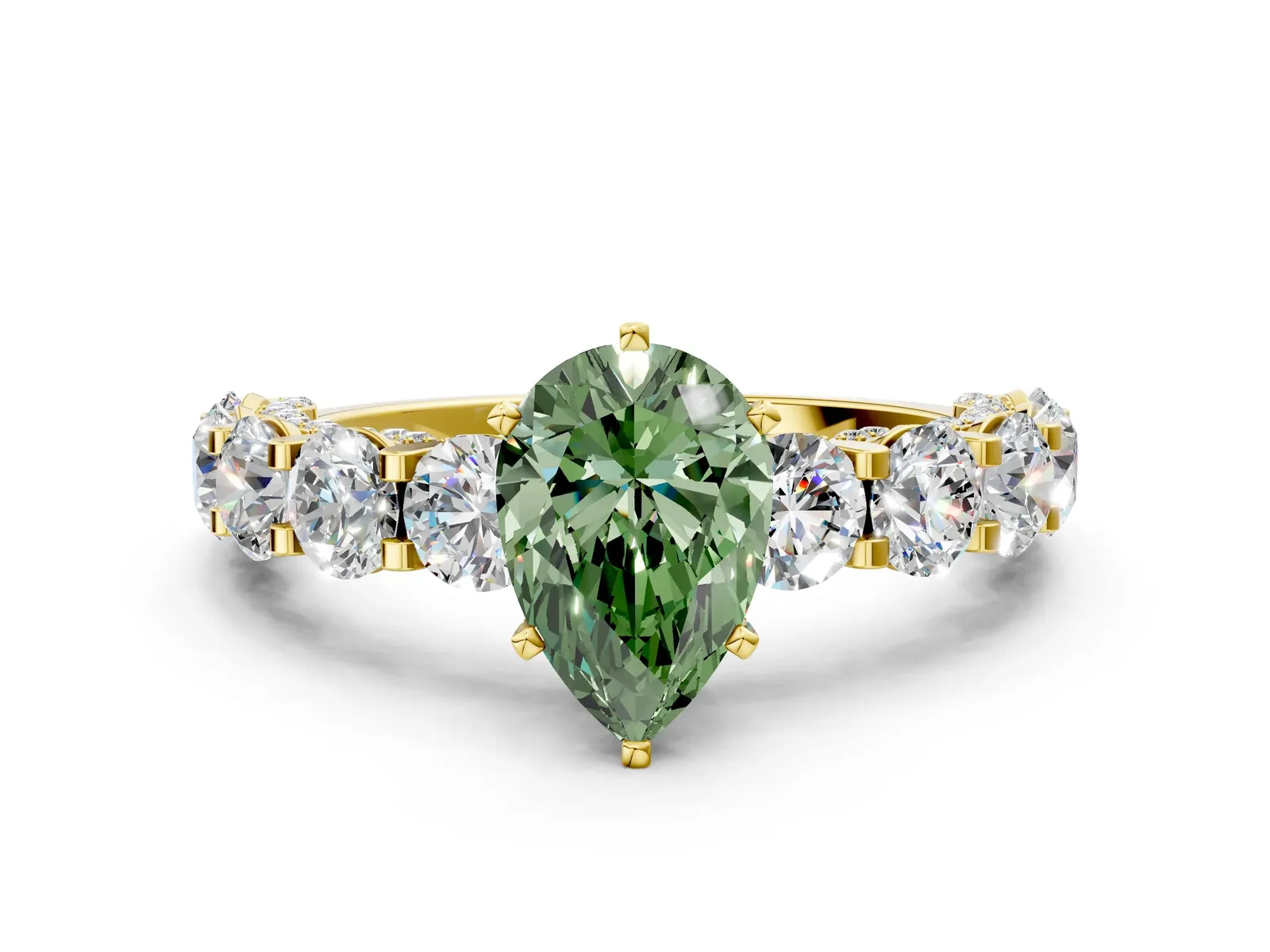 Fancy Green Pear Cut Diamond Side Stone Engagement Ring with Four-Prong Setting Yellow gold