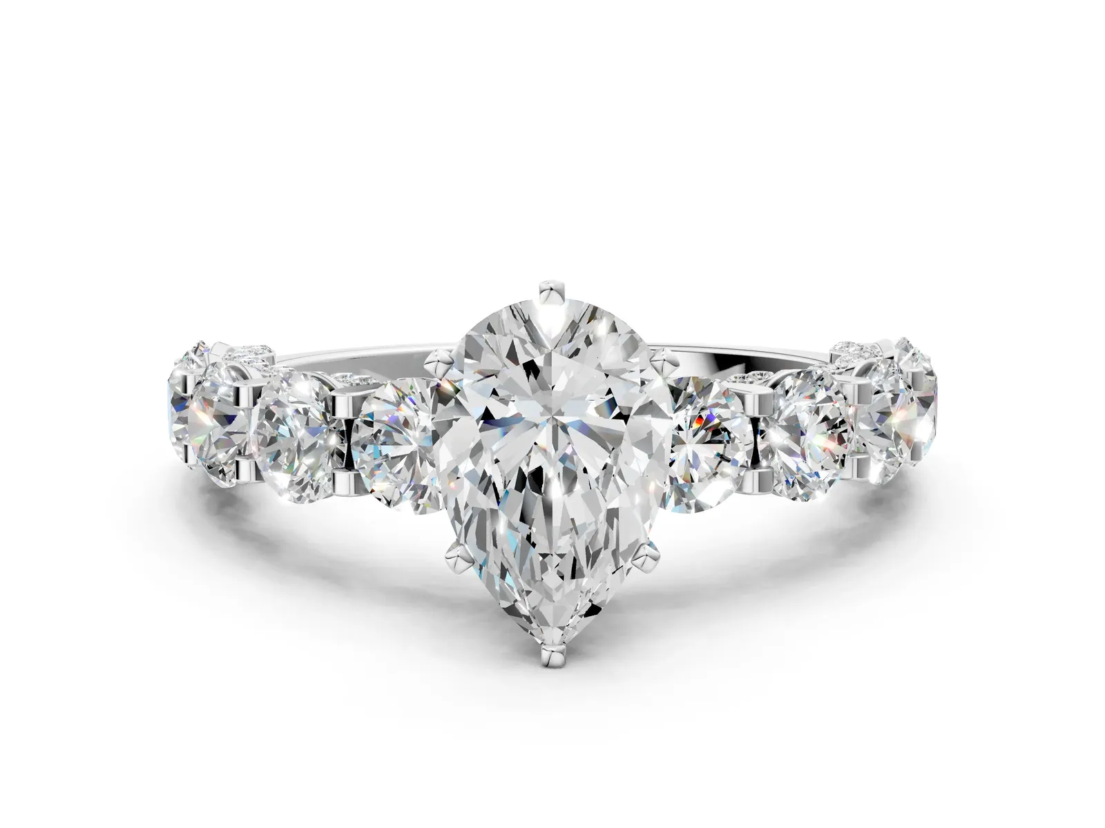 Pear Cut Diamond Side Stone Engagement Ring with Four-Prong Setting White gold