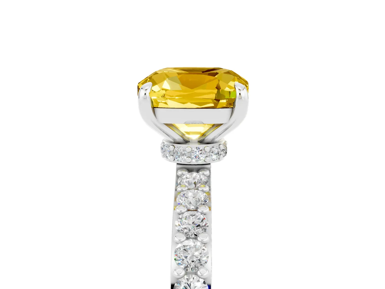 Cushion Cut Yellow Sapphire Solitaire Engagement Ring with Pavé Band and Four-Prong Setting Platinum