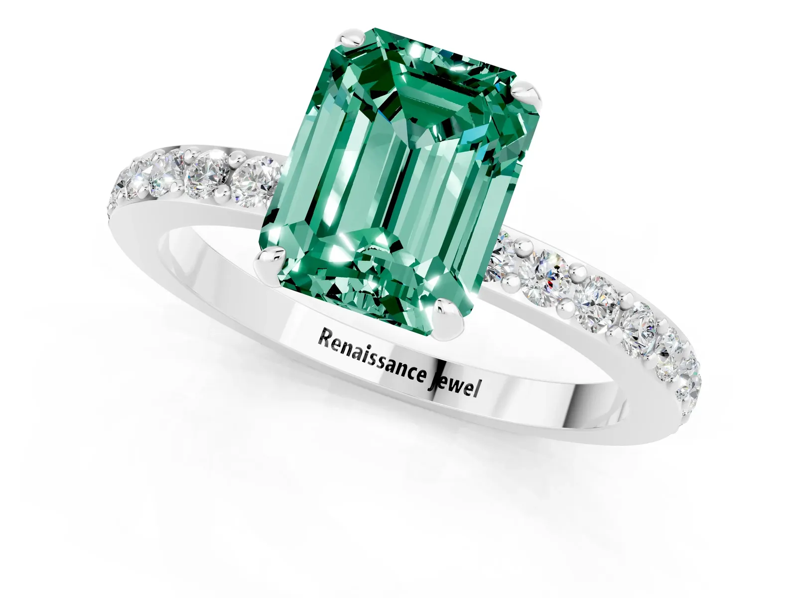 Emerald Cut Green Sapphire Solitaire Engagement Ring with Pavé Band and Four-Prong Setting Platinum