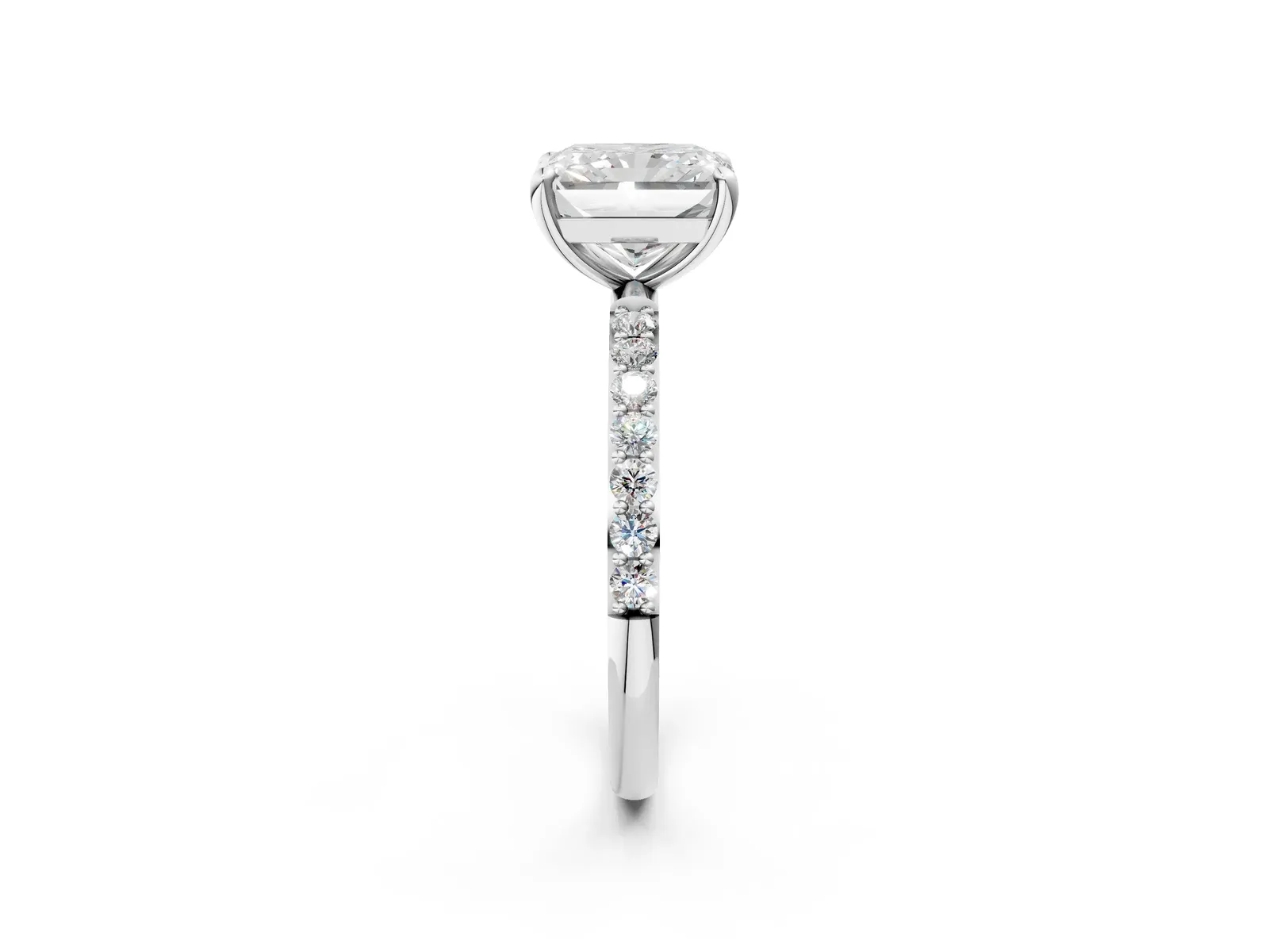 Radiant Cut Diamond Solitaire Ring with Round Pavé Band and Prong Setting Platinum
