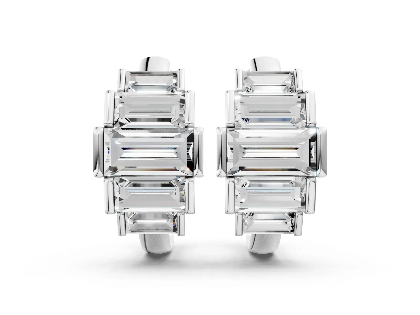 Baguette Cut Diamond Graduated Channel Set Hoop Earrings Silver