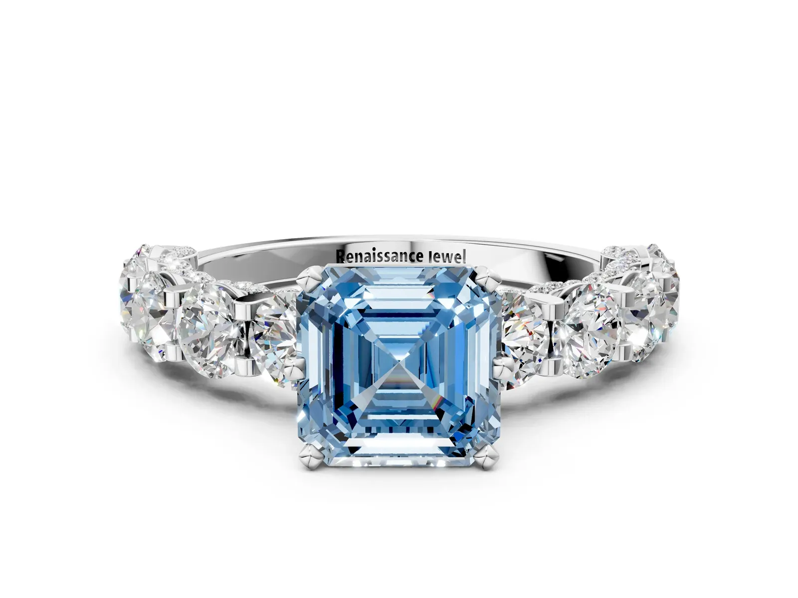 Fancy Blue Asscher Cut Diamond Side Stone Engagement Ring with Four-Prong Setting White gold