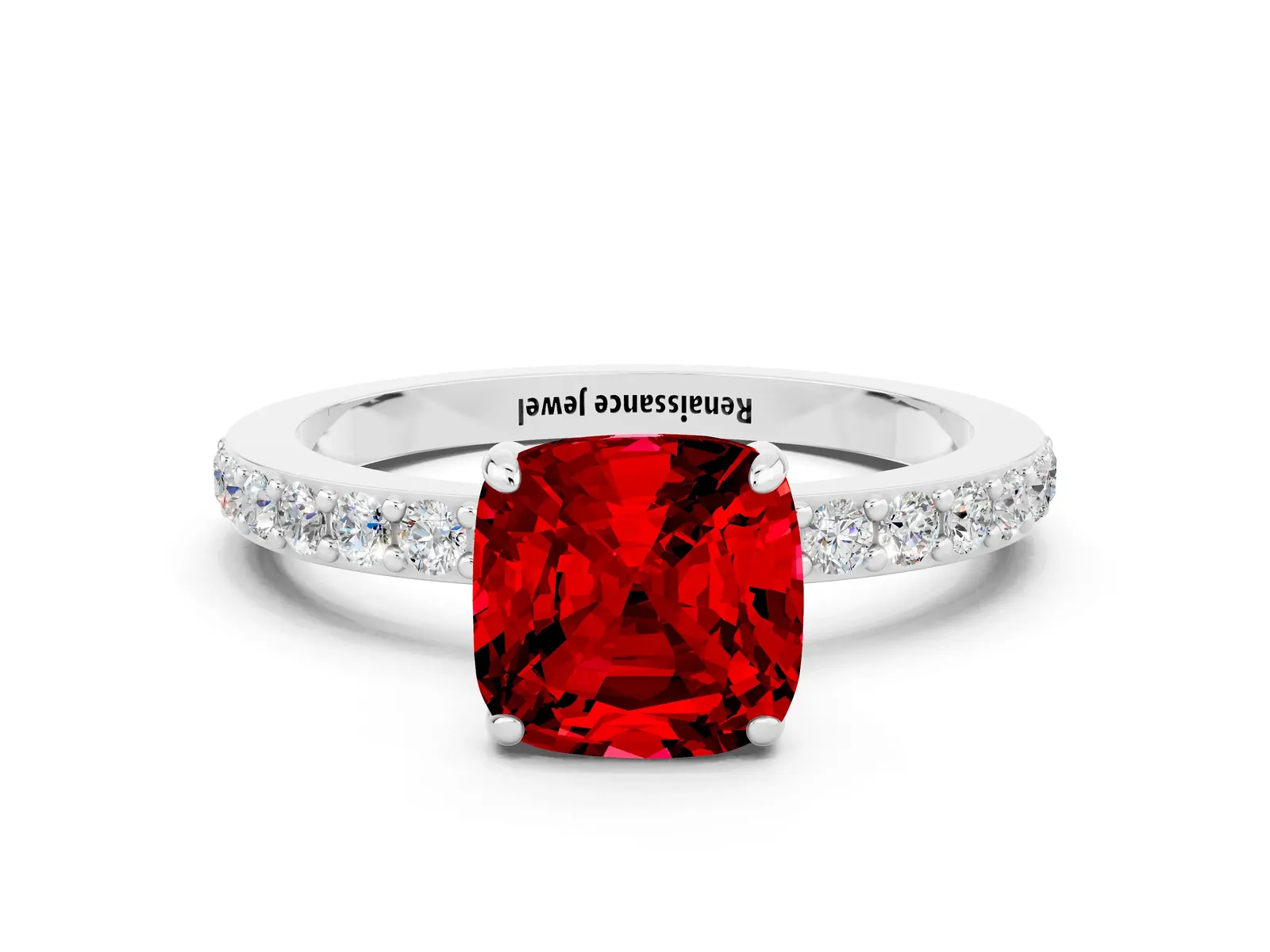 Cushion Cut Ruby Solitaire Engagement Ring with Pavé Band and Four-Prong Setting Platinum