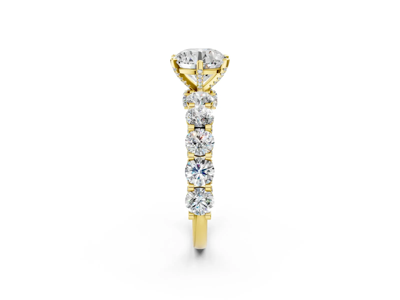 Round Cut Diamond Side Stone Engagement Ring with Four-Prong Setting Yellow gold