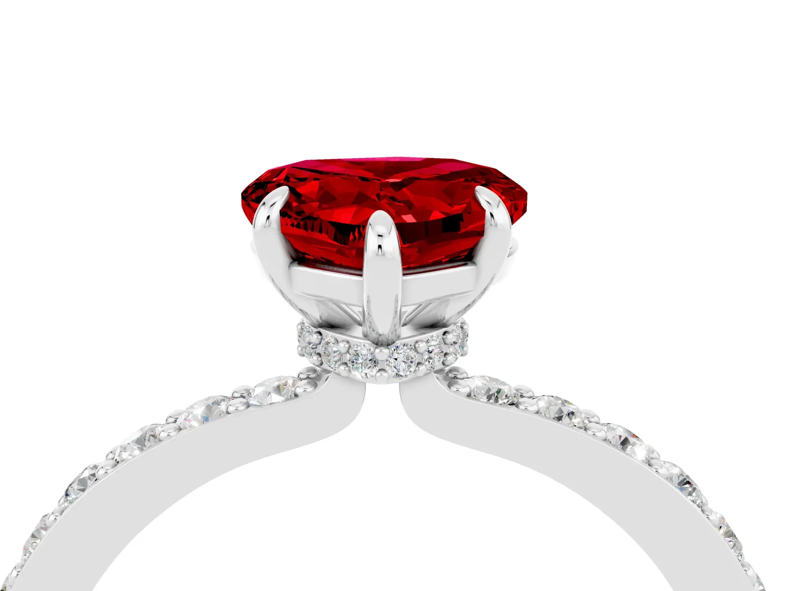 Heart Cut Ruby Solitaire Engagement Ring with Pavé Band and Four-Prong Setting Platinum