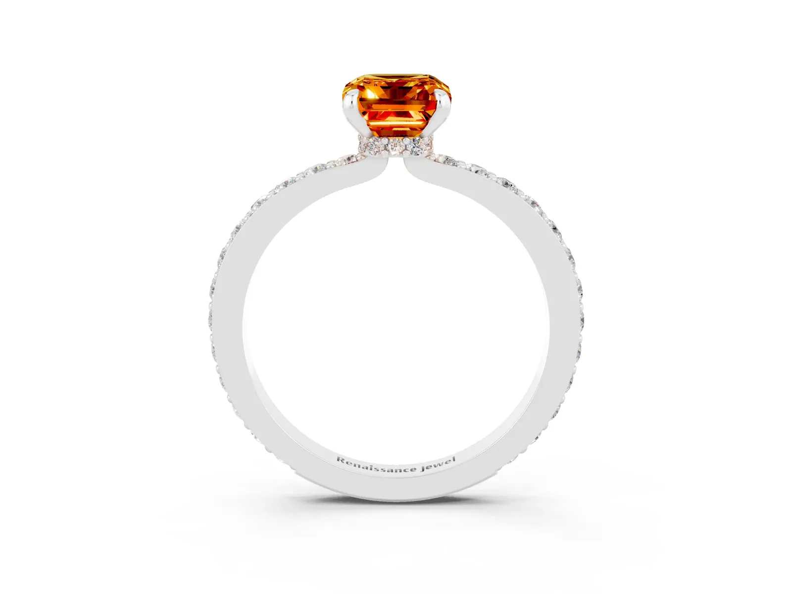 Emerald Cut Citrine Solitaire Engagement Ring with Pavé Band and Four-Prong Setting Platinum