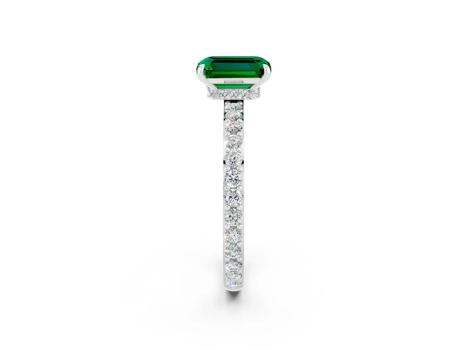 Emerald Cut Emerald Solitaire Engagement Ring with Pavé Band and Four-Prong Setting Platinum