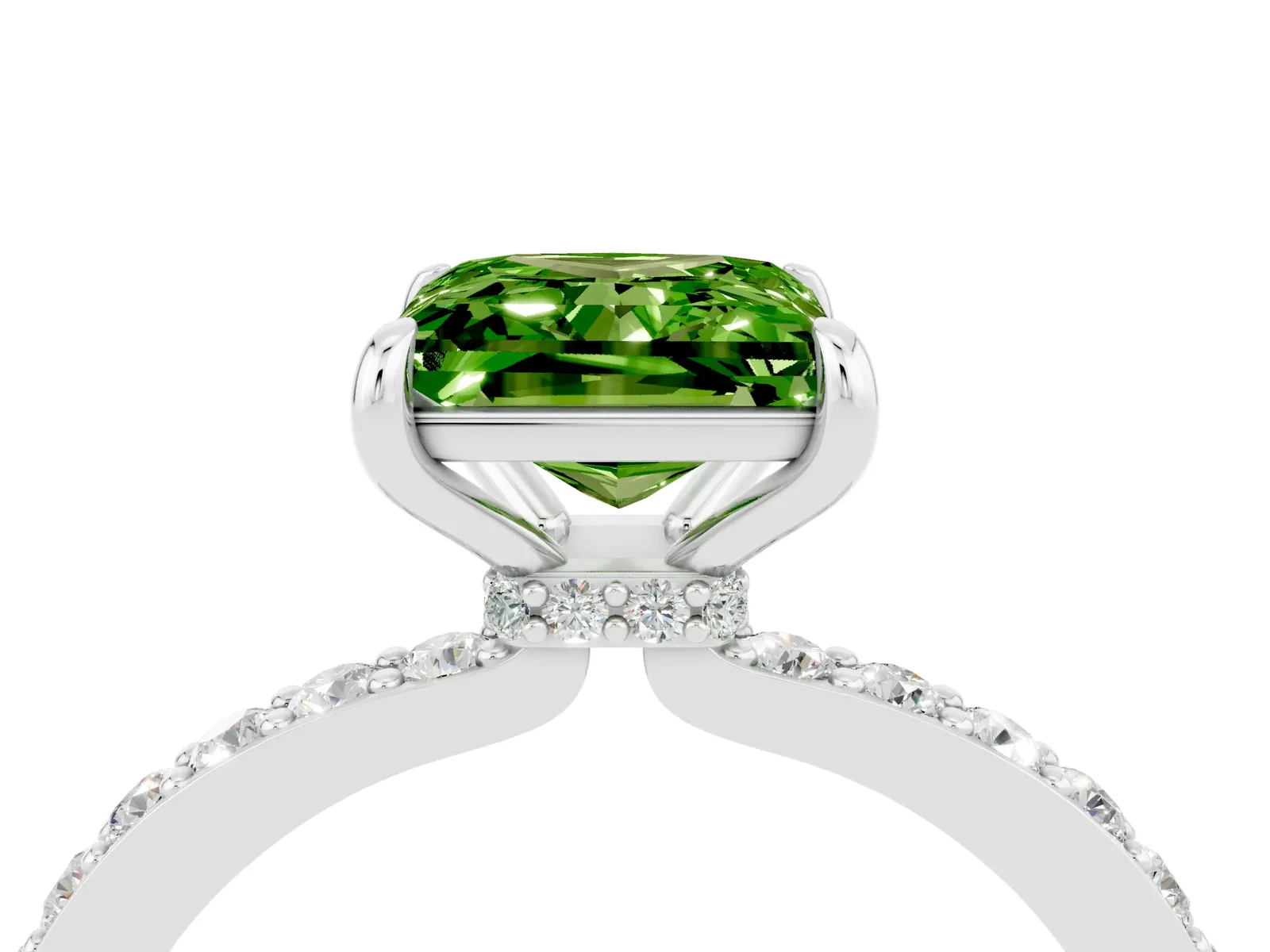 Princess Cut Peridot Solitaire Engagement Ring with Pavé Band and Four-Prong Setting Platinum