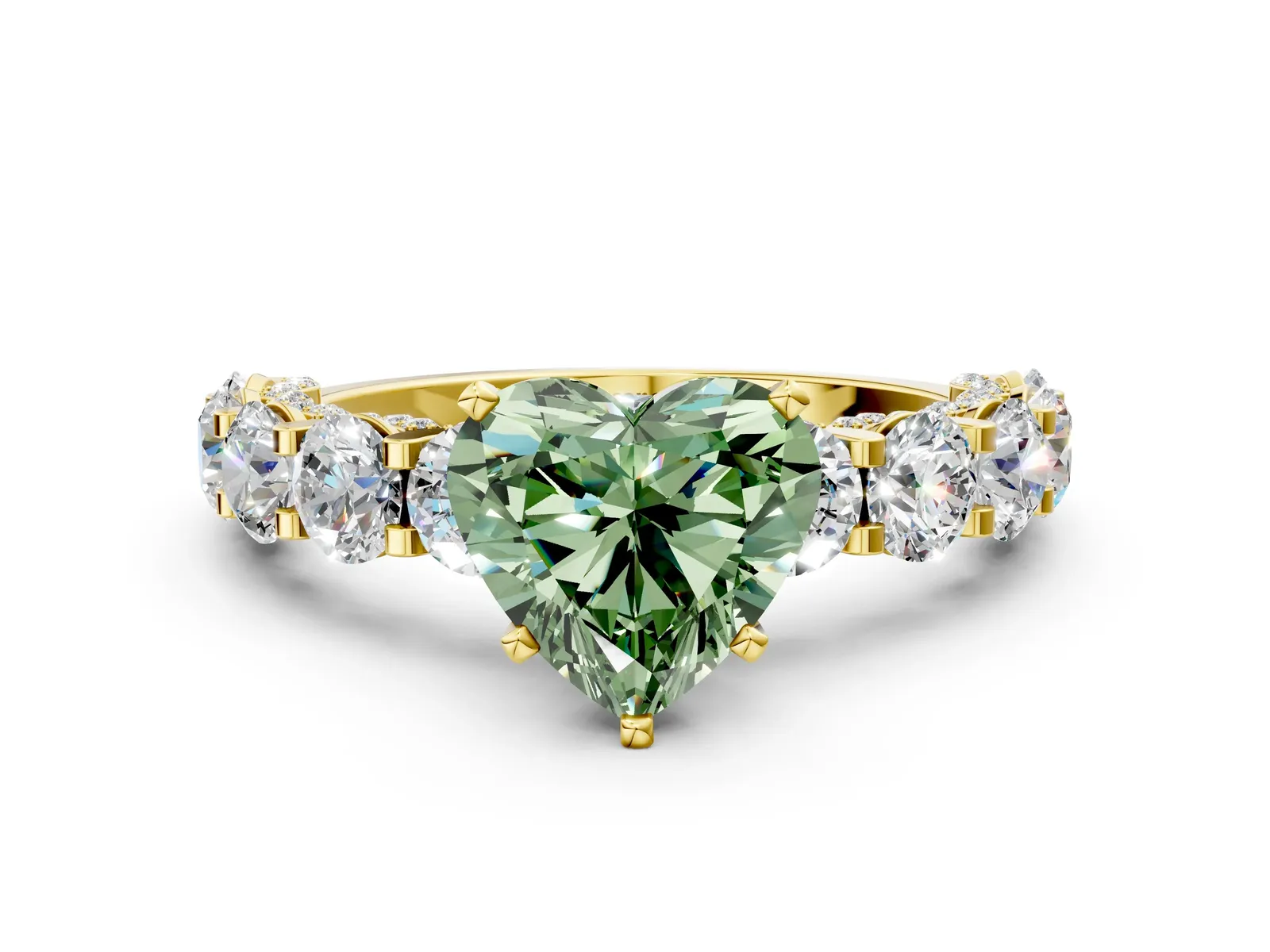 Fancy Green Heart Cut Diamond Side Stone Engagement Ring with Four-Prong Setting Yellow gold