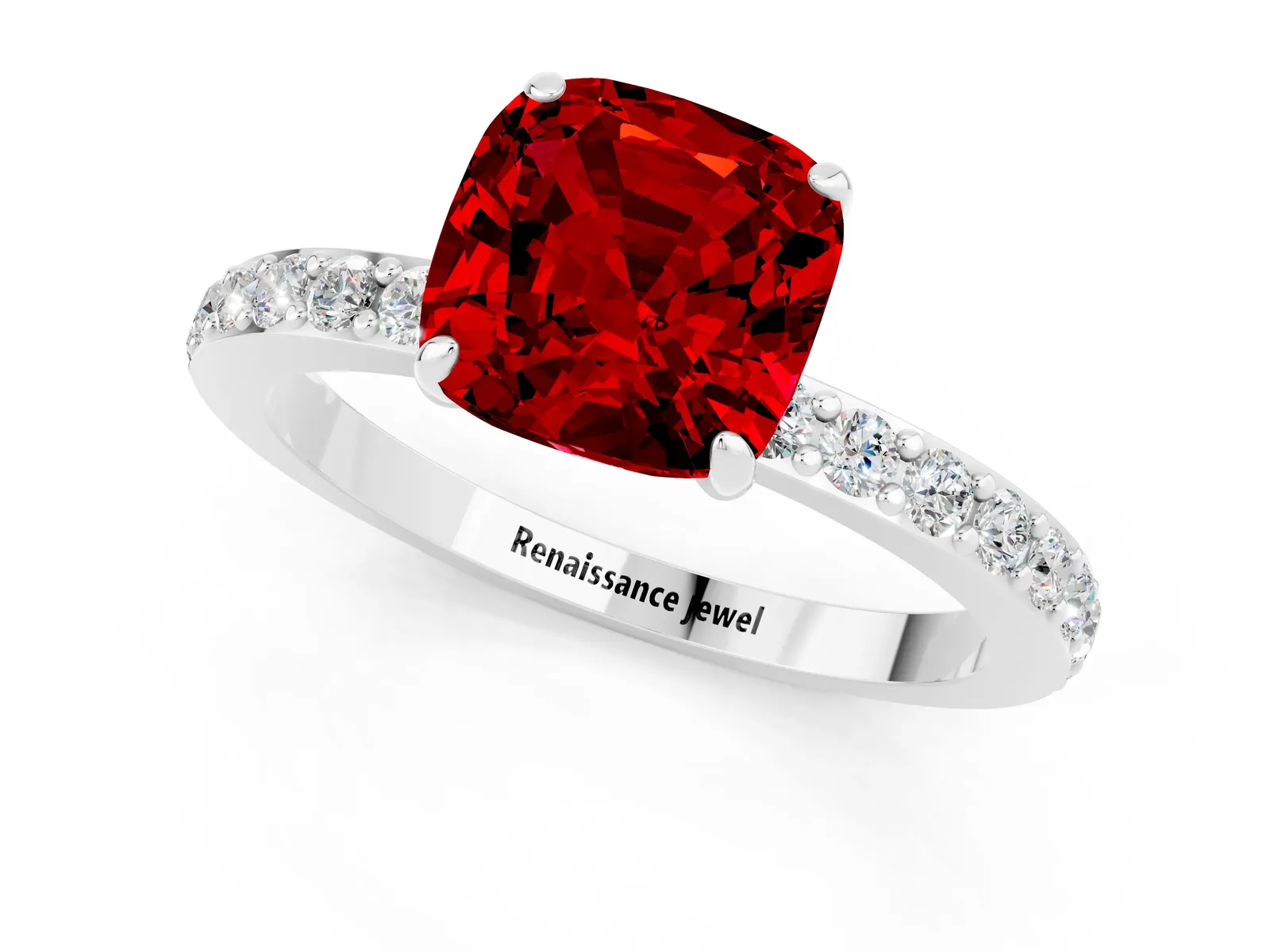 Cushion Cut Ruby Solitaire Engagement Ring with Pavé Band and Four-Prong Setting Platinum