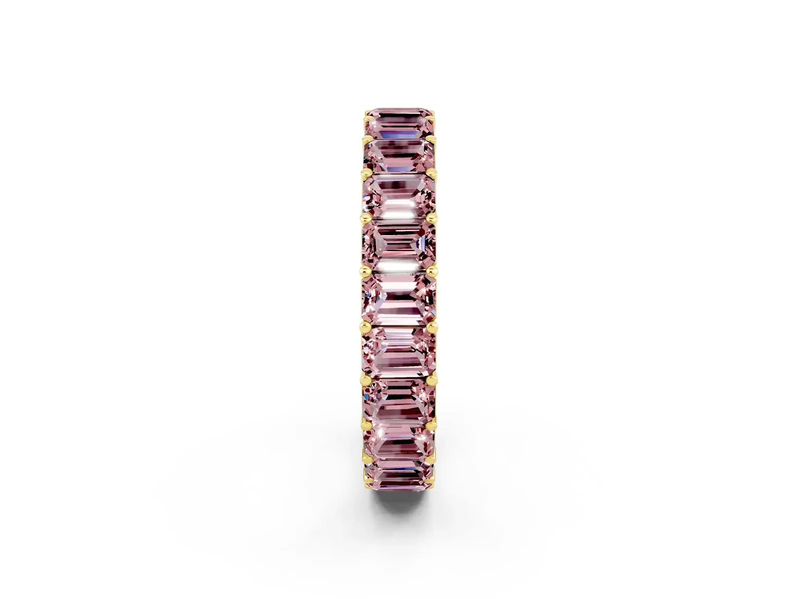 Emerald Cut Morganite Eternity Band with Shared Prong Setting Yellow gold