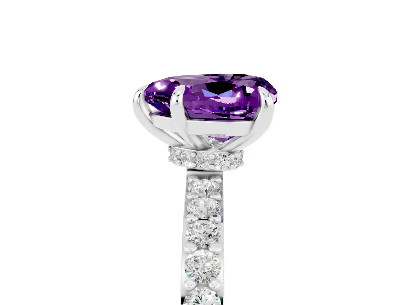 Heart Cut Amethyst Solitaire Engagement Ring with Pavé Band and Four-Prong Setting Platinum