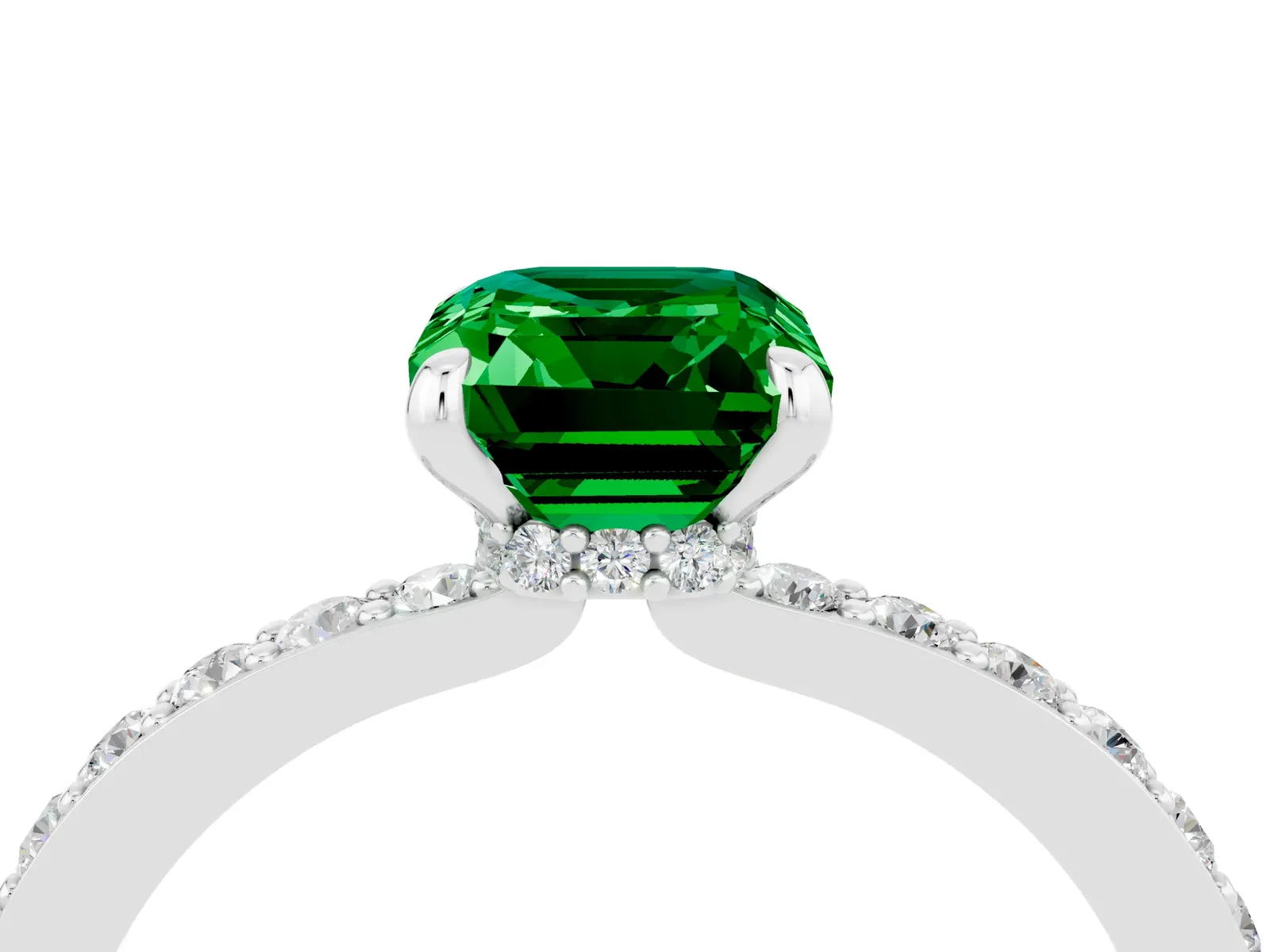 Emerald Cut Emerald Solitaire Engagement Ring with Pavé Band and Four-Prong Setting Platinum