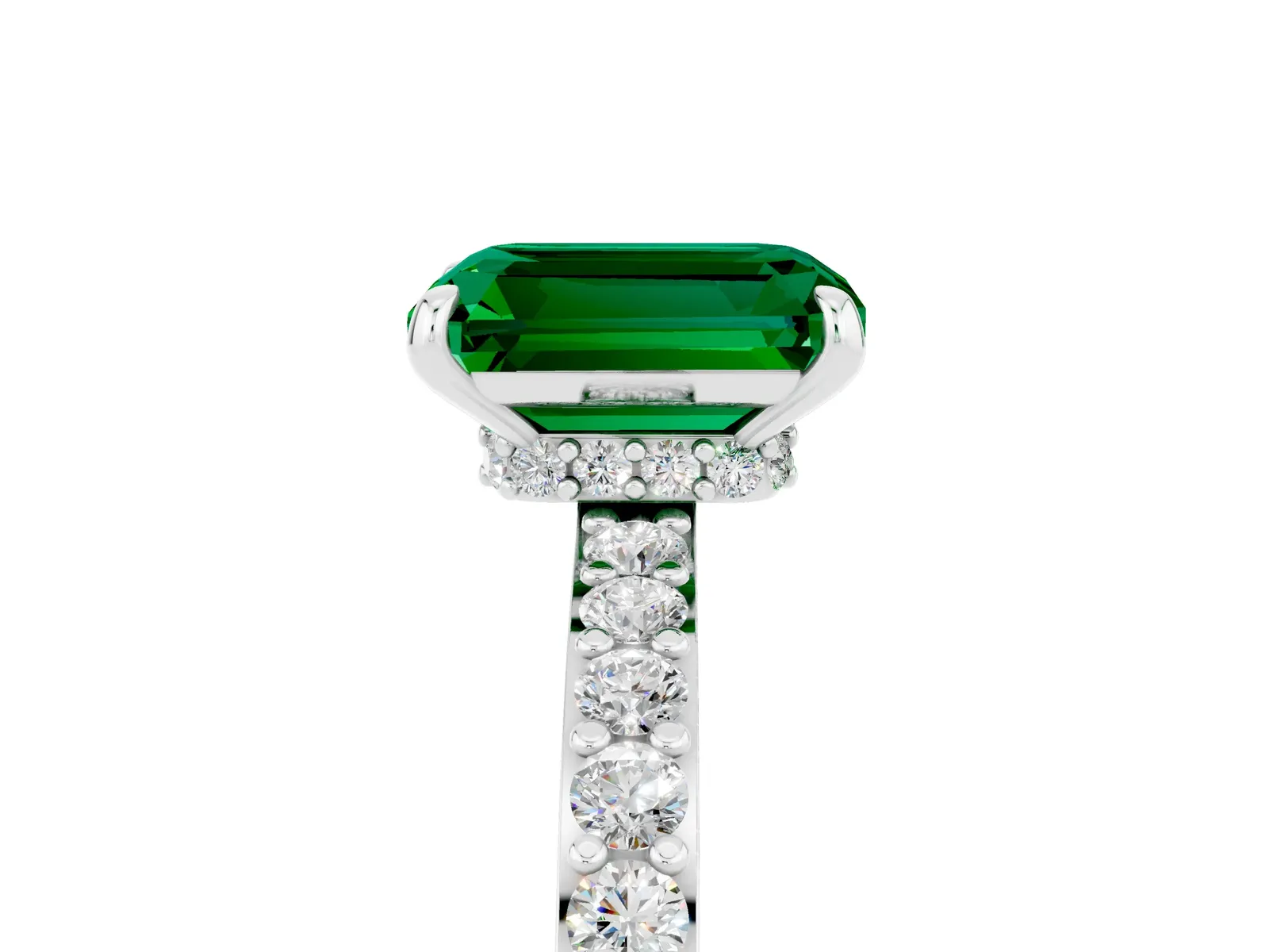 Emerald Cut Emerald Solitaire Engagement Ring with Pavé Band and Four-Prong Setting Platinum