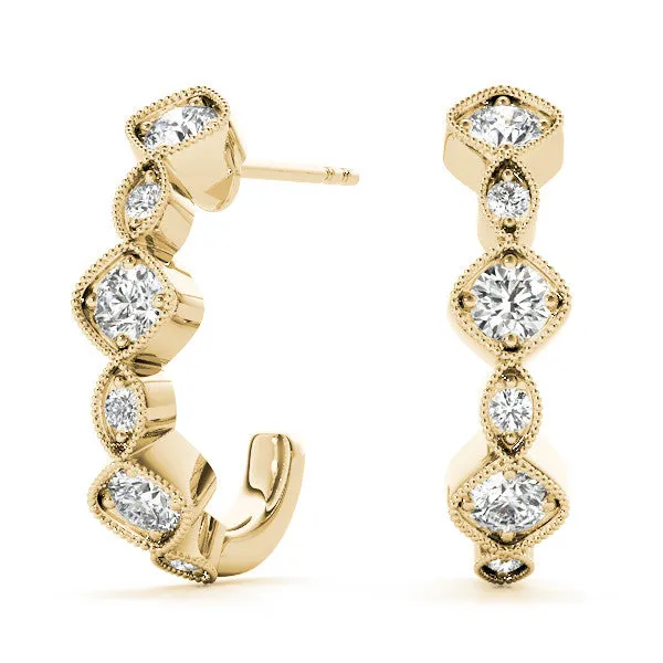 Milgrain Cushion and Marquise Diamond Hoop Earrings Yellow gold