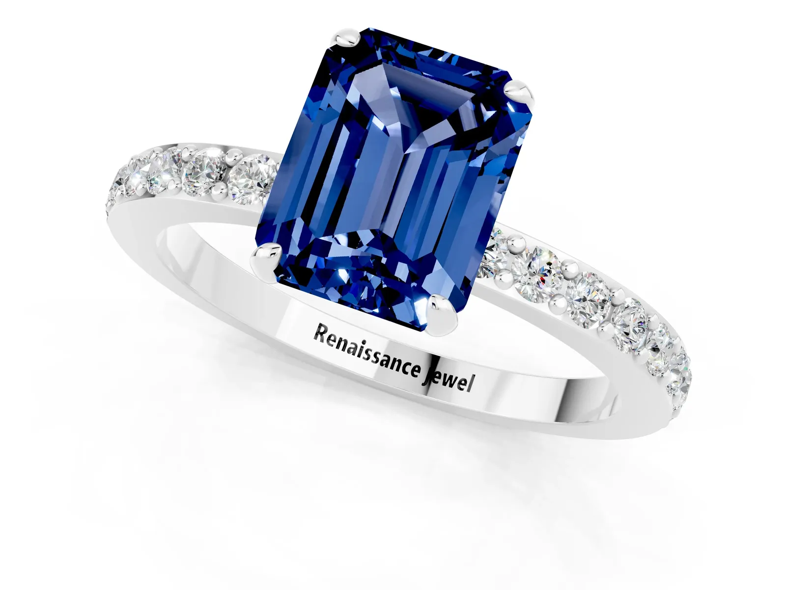 Emerald Cut Blue Sapphire Solitaire Engagement Ring with Pavé Band and Four-Prong Setting Platinum