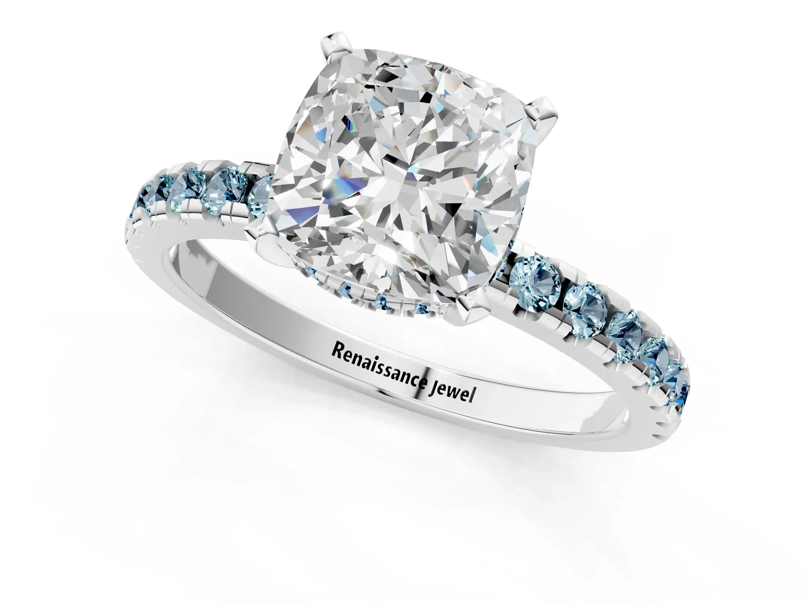Cushion Cut Diamond Solitaire Ring with Round Aquamarine Pavé Band and Four-Prong Setting Platinum