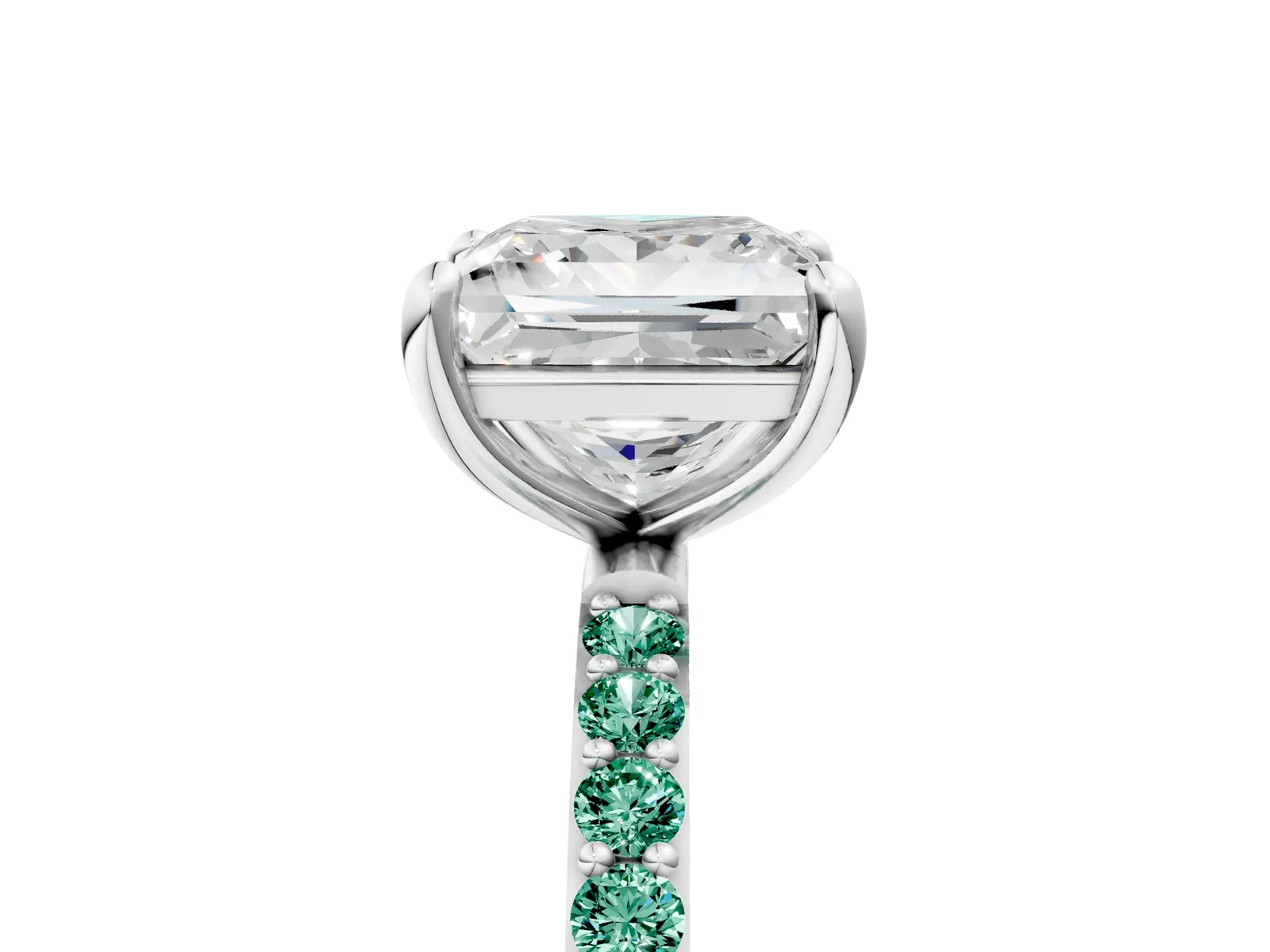 Princess Cut Diamond Solitaire Ring with Round Green Sapphire Pavé Band and Prong Setting Platinum