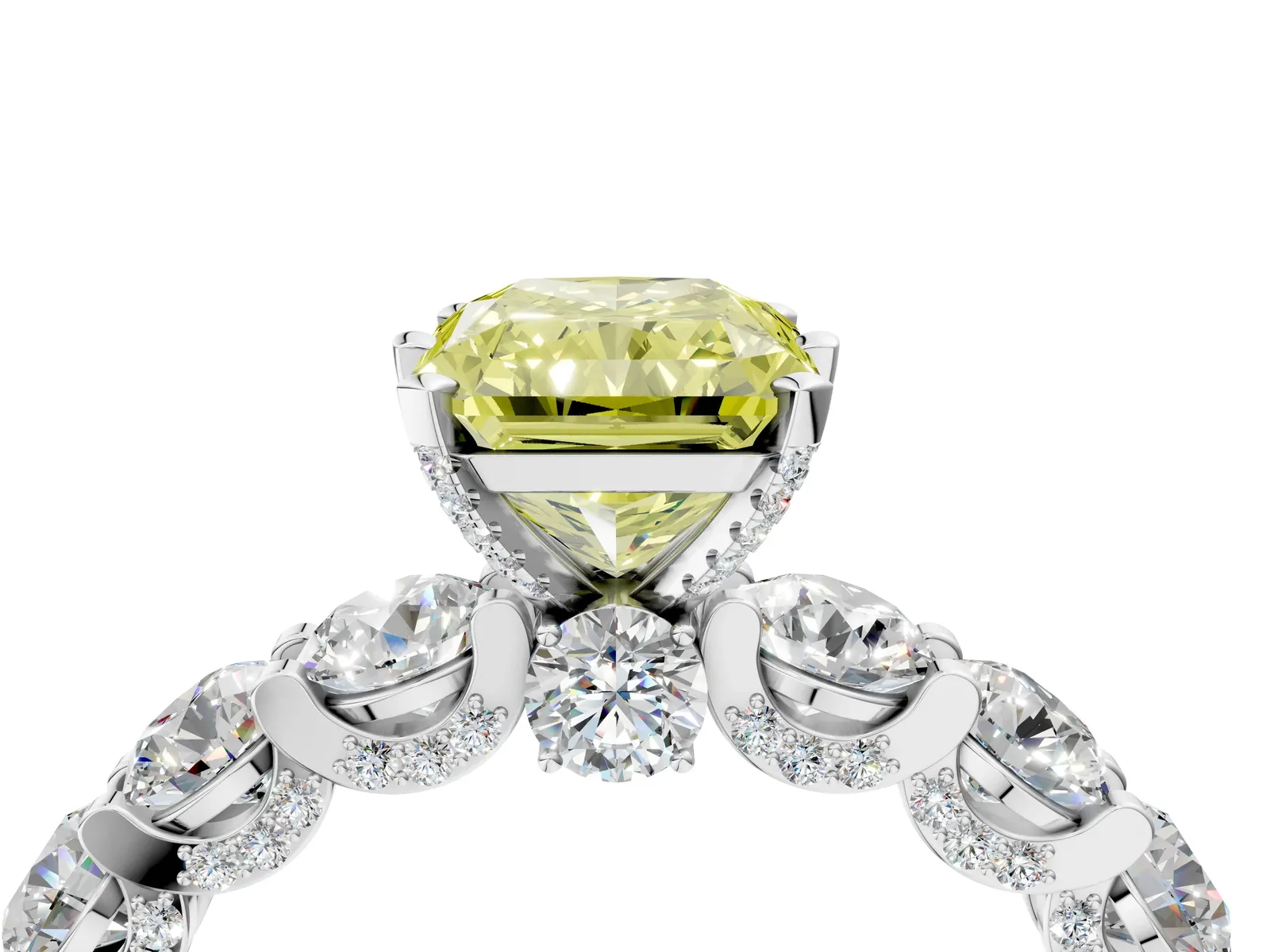 Fancy Yellow Radiant Cut Diamond Side Stone Engagement Ring with Four-Prong Setting Platinum