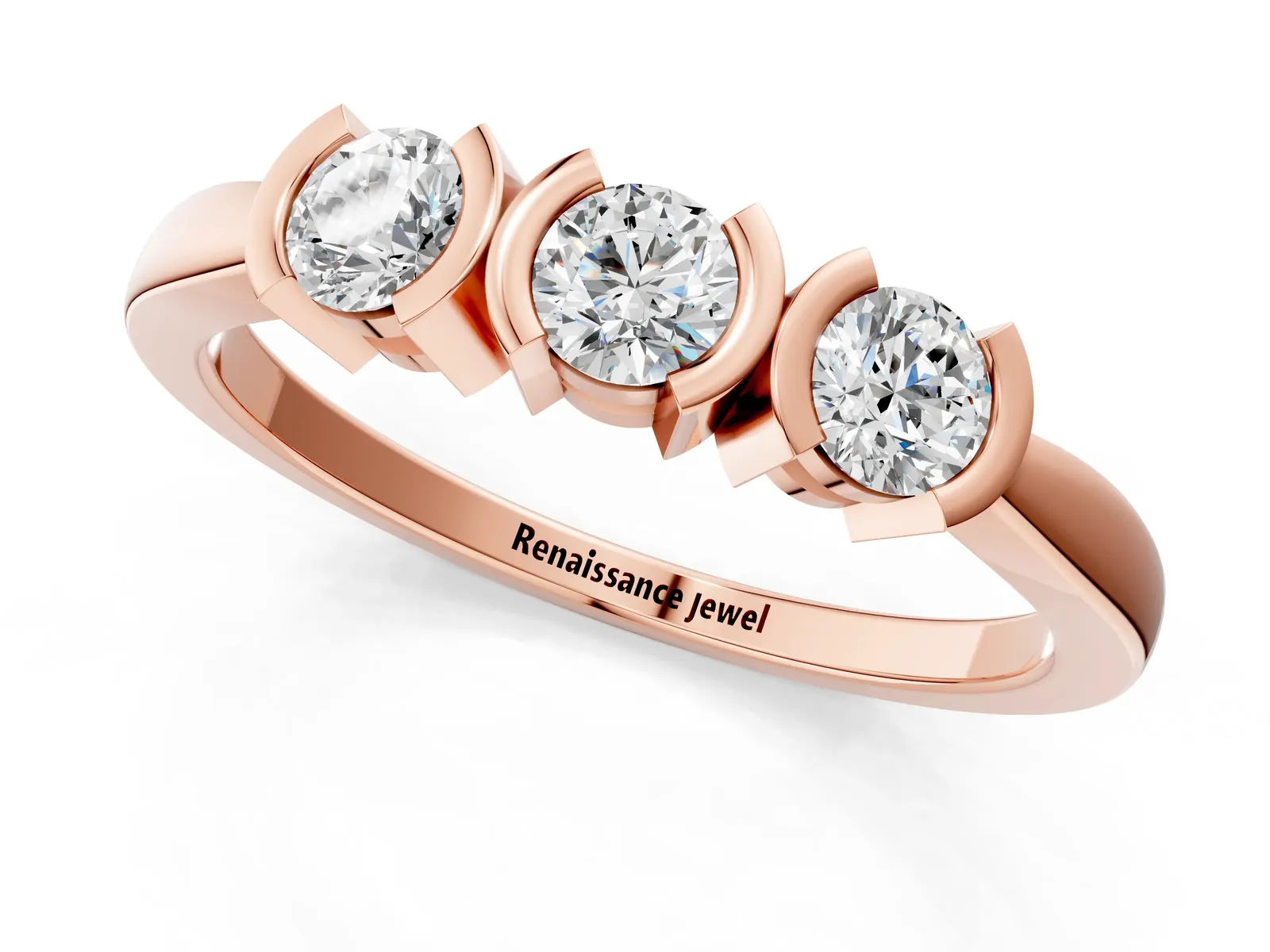 Three-Stone Round Diamond Half Bezel Prong Band Rose gold
