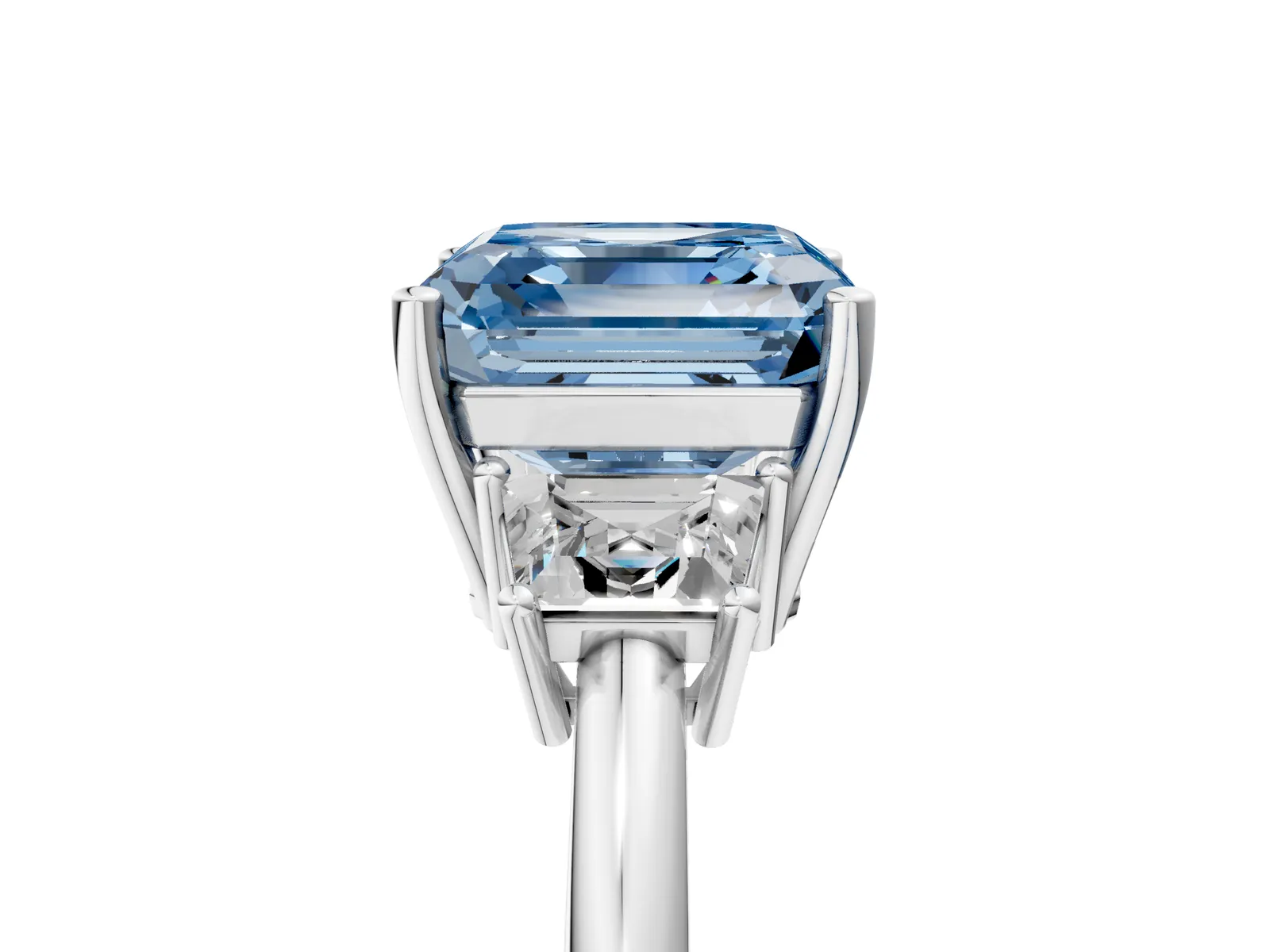 Fancy Blue Asscher Cut Diamond Three-Stone Ring with Trapezoid Side Stones and Prong Setting Platinum