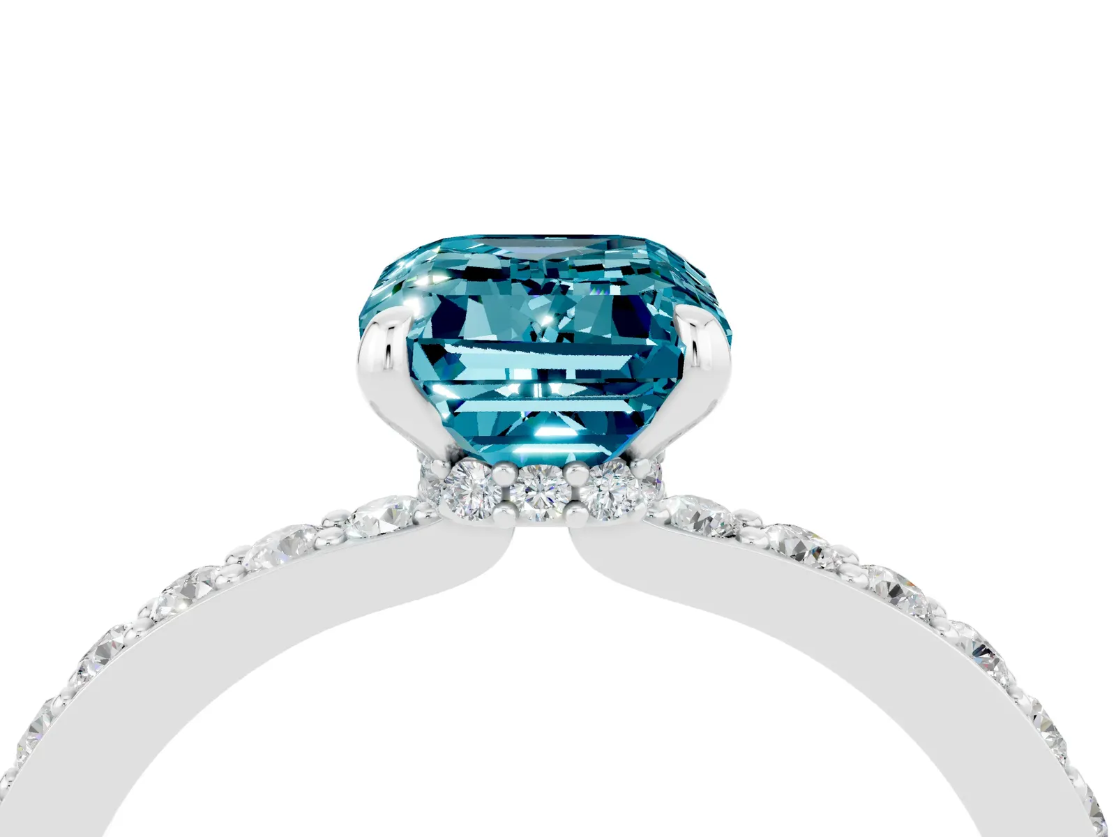 Emerald Cut Blue Topaz Solitaire Engagement Ring with Pavé Band and Four-Prong Setting Platinum