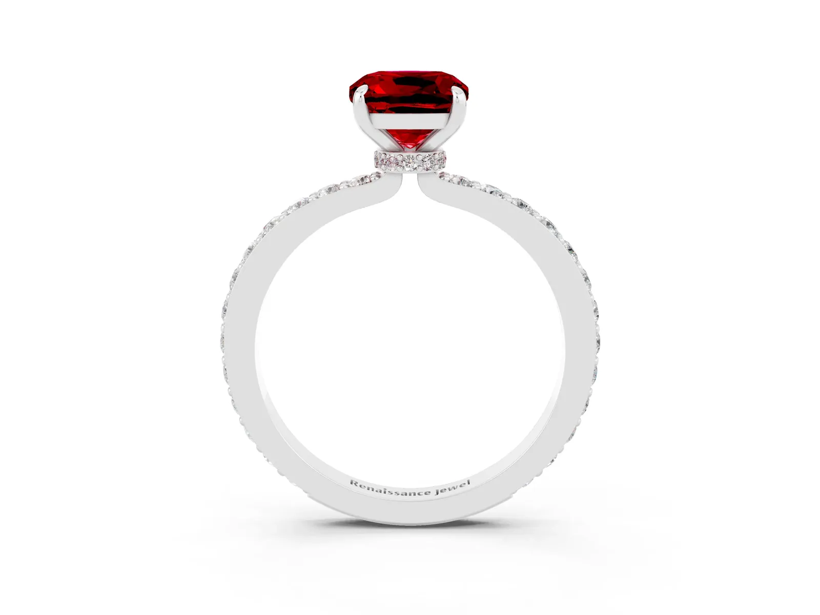Cushion Cut Ruby Solitaire Engagement Ring with Pavé Band and Four-Prong Setting Platinum
