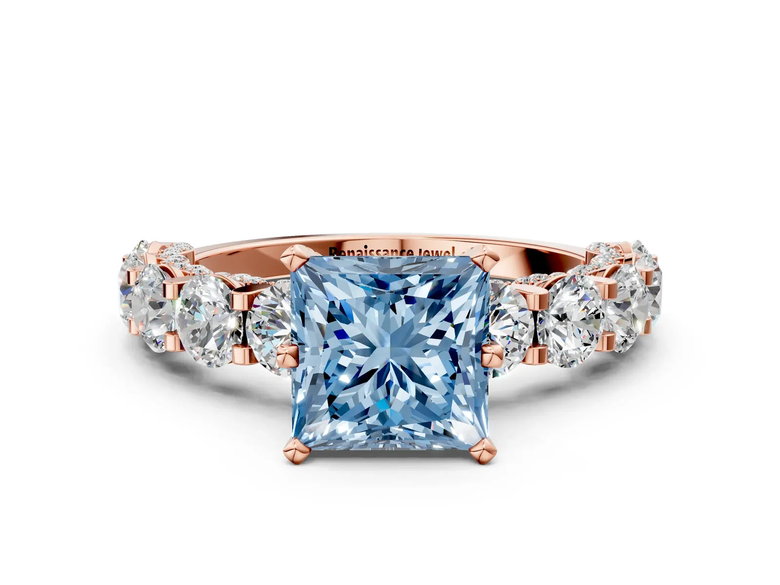 Fancy Blue Princess Cut Diamond Side Stone Engagement Ring with Four-Prong Setting Rose gold