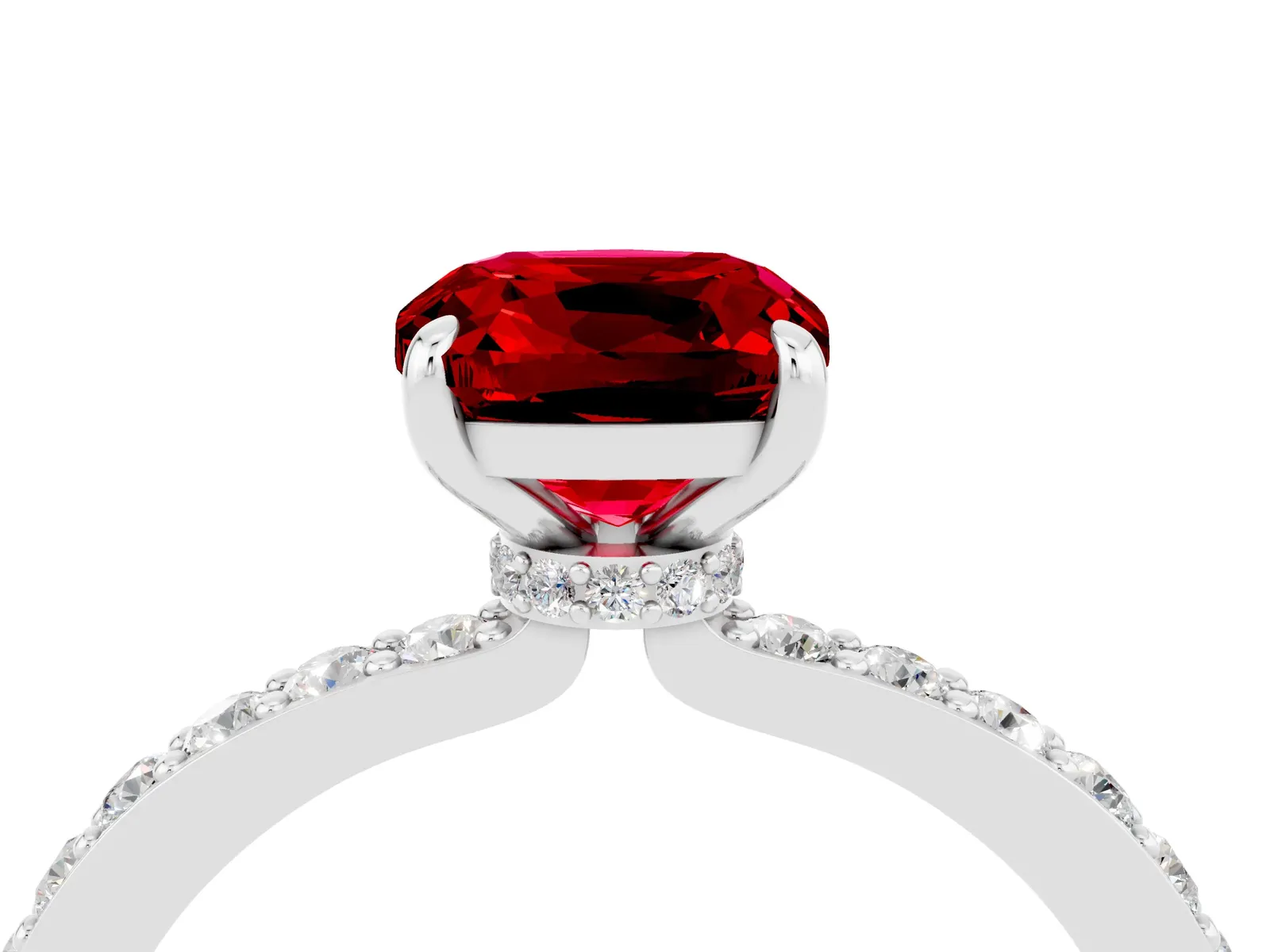Cushion Cut Ruby Solitaire Engagement Ring with Pavé Band and Four-Prong Setting Platinum