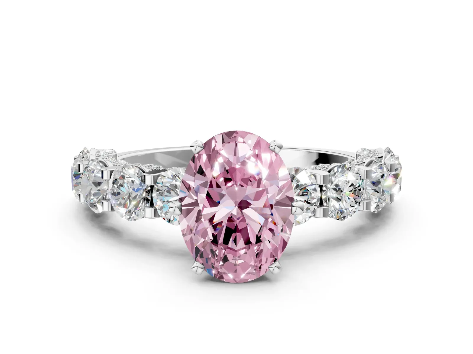 Fancy Pink Oval Cut Diamond Side Stone Engagement Ring with Four-Prong Setting White gold