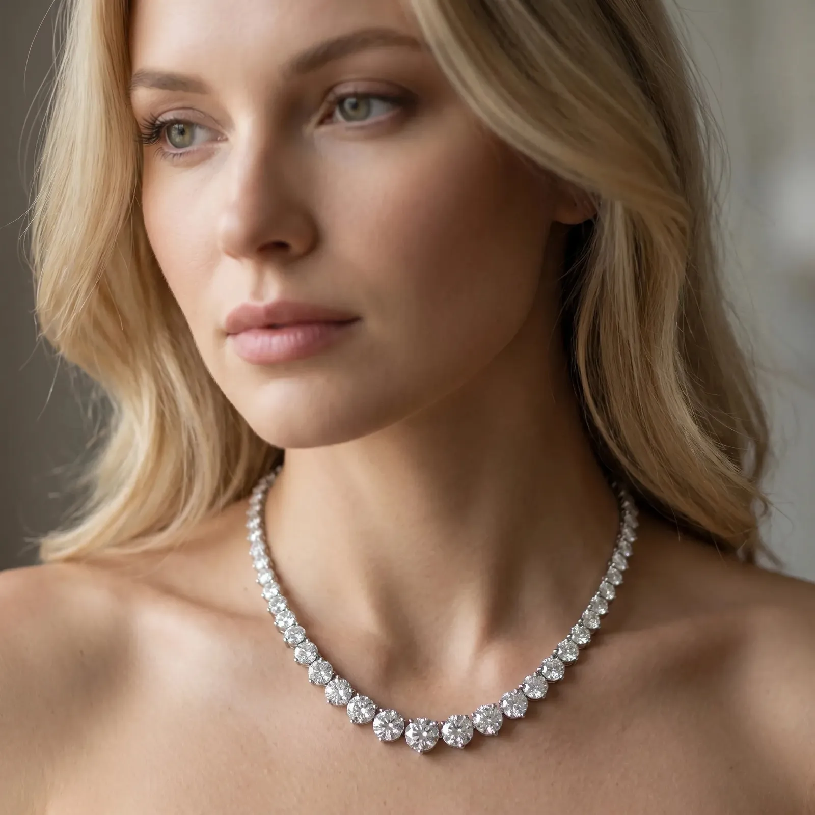 Round Cut Brilliant Graduated Diamond Tennis Necklace with Four-Prong Setting Silver