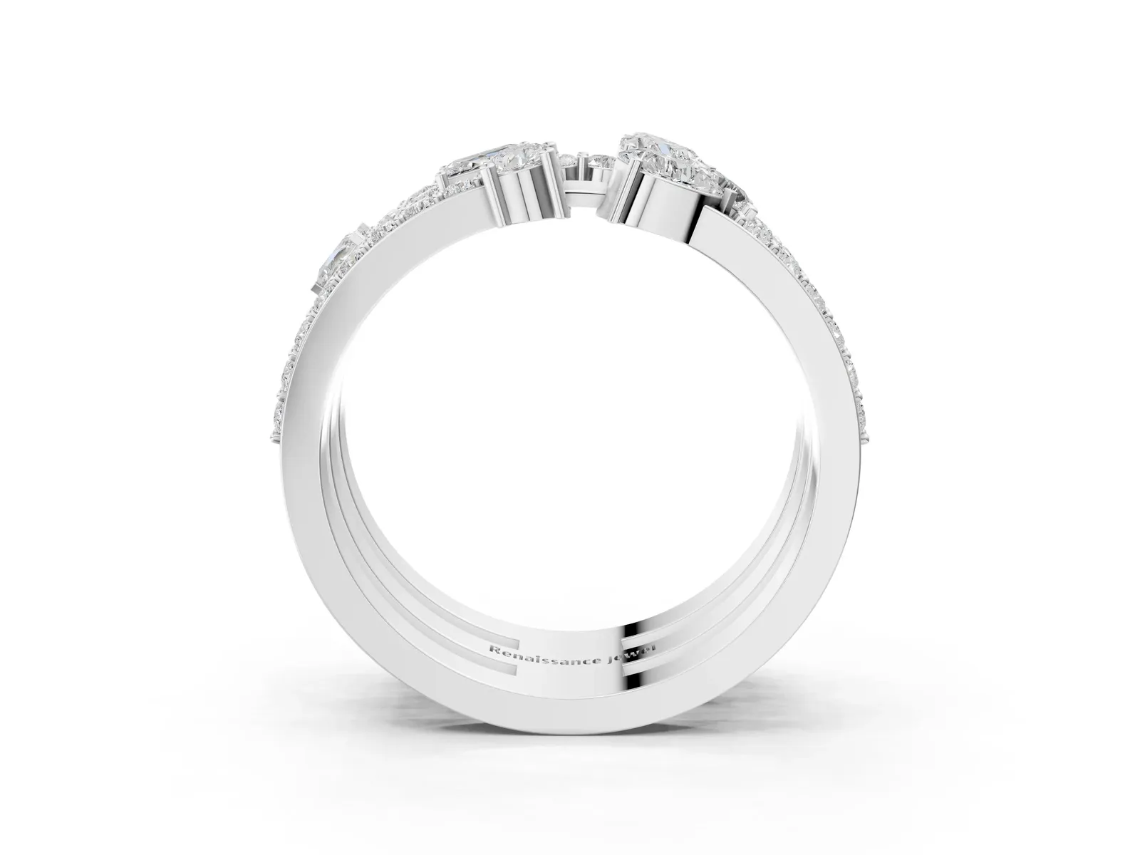 Mixed Shape Diamond Multi Row Promise Ring with Round Diamond Accents White gold