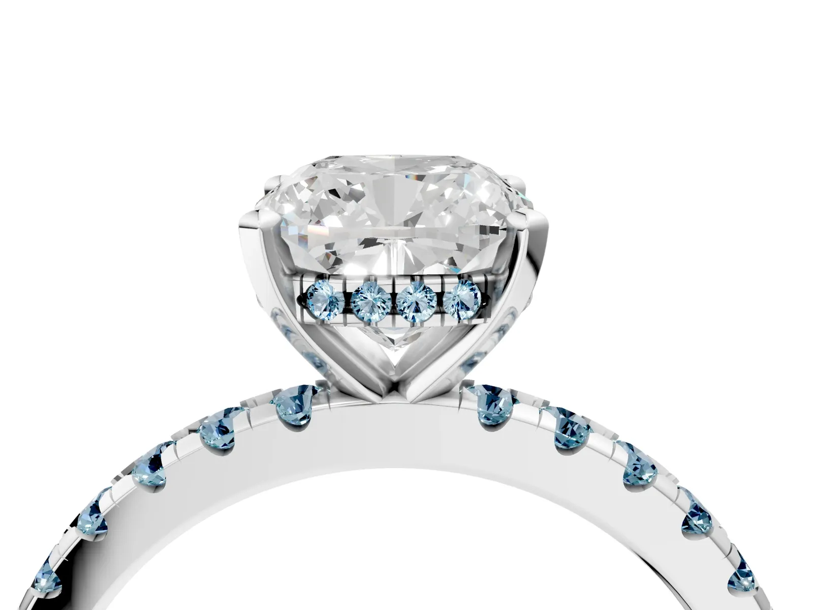 Cushion Cut Diamond Solitaire Ring with Round Aquamarine Pavé Band and Four-Prong Setting Platinum