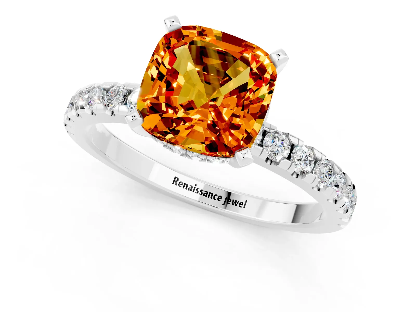 Cushion Cut Citrine Solitaire Ring with Round Pavé Band and Four-Prong Setting Platinum