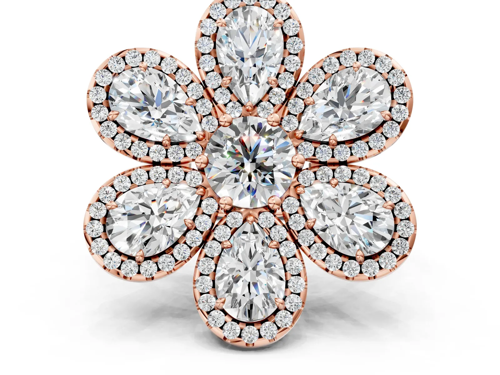 Pear Diamond Floral Promise Ring with Round Diamond Center Rose gold