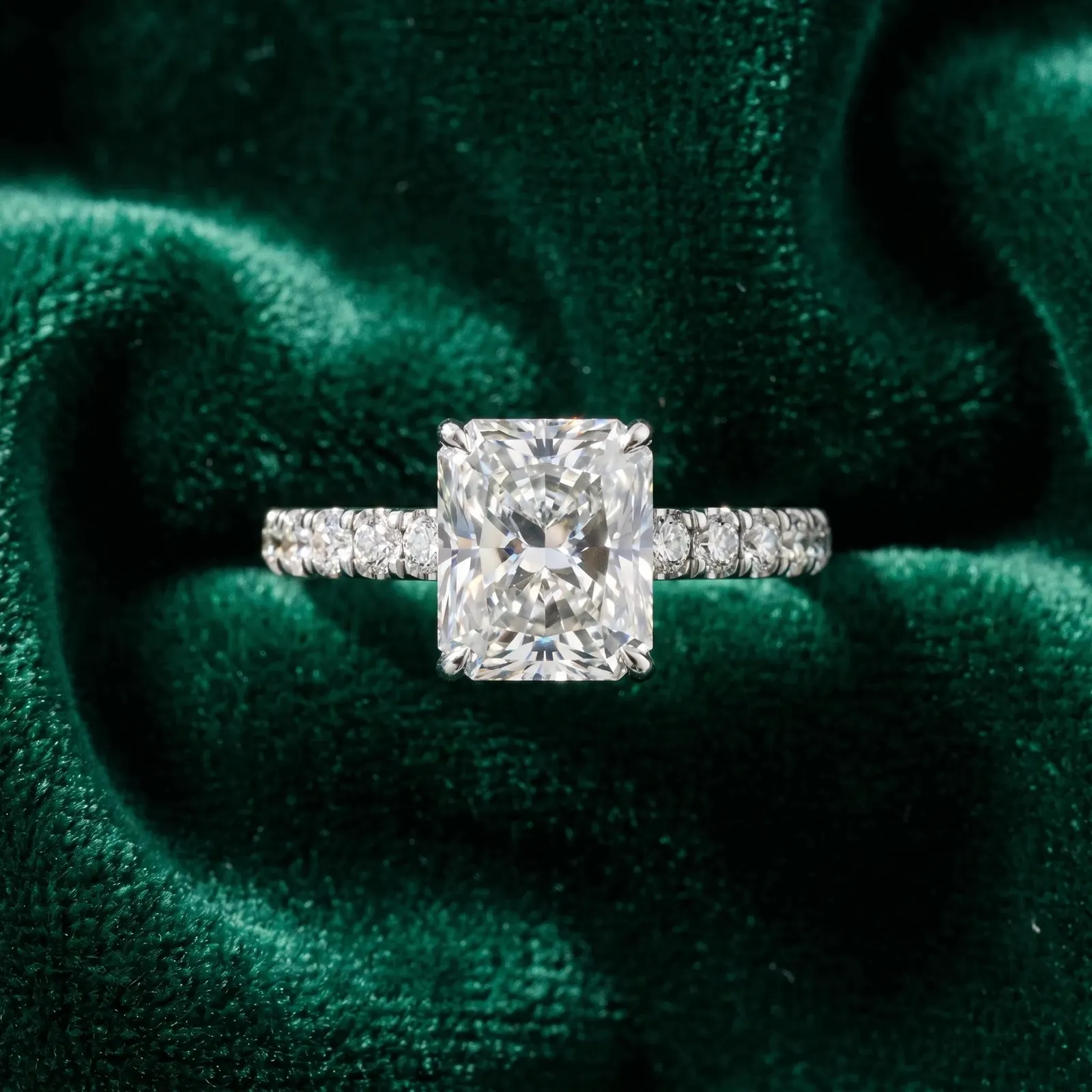 Radiant Cut Diamond Pave Band Solitaire Ring with Round and Prong Setting Platinum