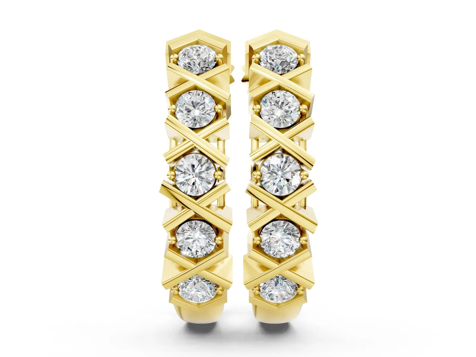 Round Diamond Criss-Cross Prong Hoop Earrings Yellow gold