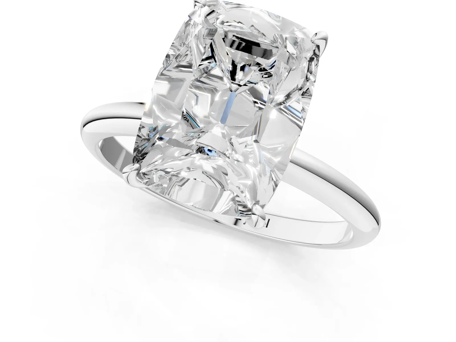 Old Mine Elongated Cushion Diamond Classic Band Four Prong Solitaire Ring White gold